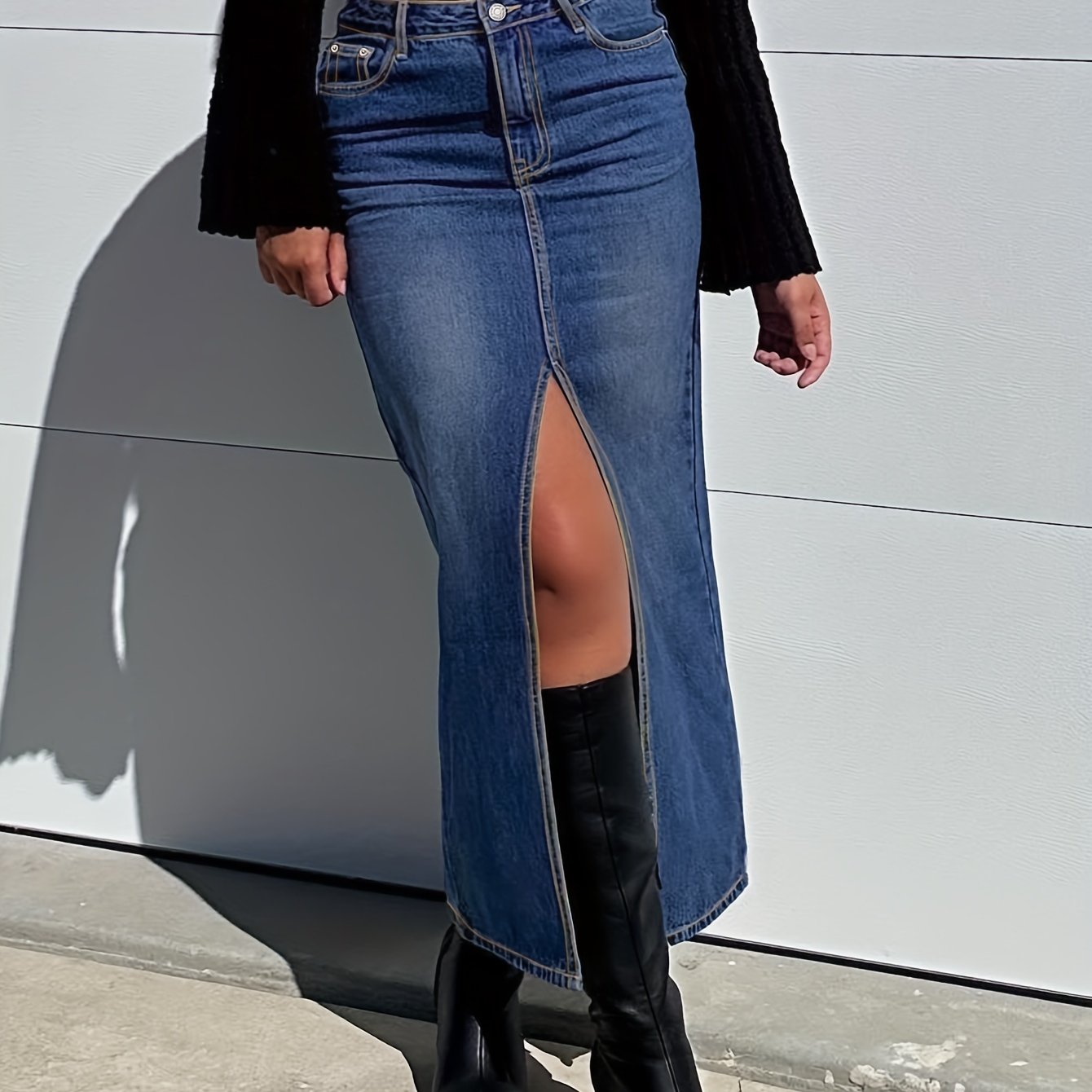 Split Front Plain Washed Blue Retro Y2K Streetwear Maxi Denim Skirt, Women's Denim Jeans & Clothing