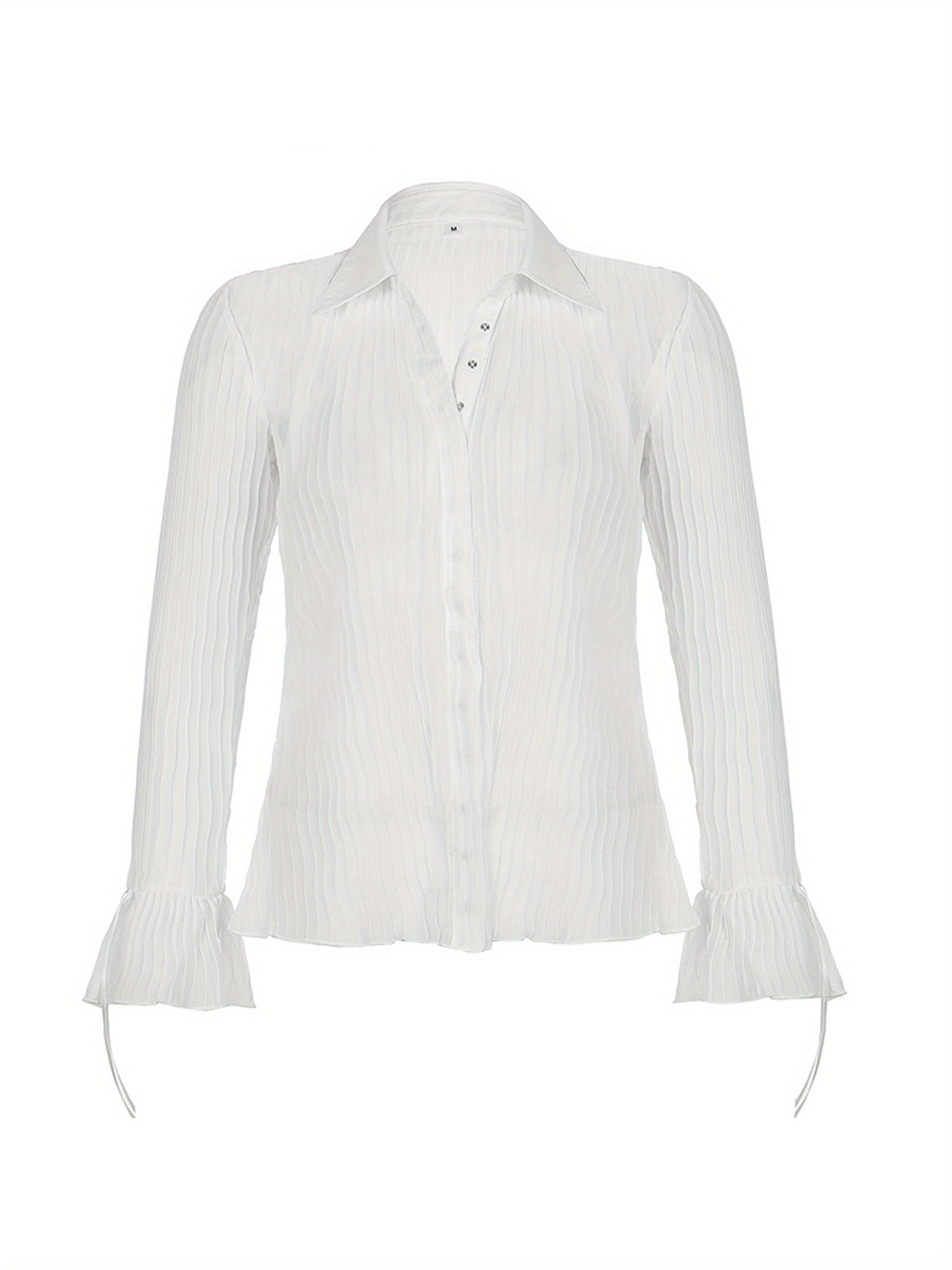 Women Sheer Button Up Blouse Sexy Collared Shirts Flare Sleeve Crop Top Streetwear Retro Ruched Shirt Slim Tops