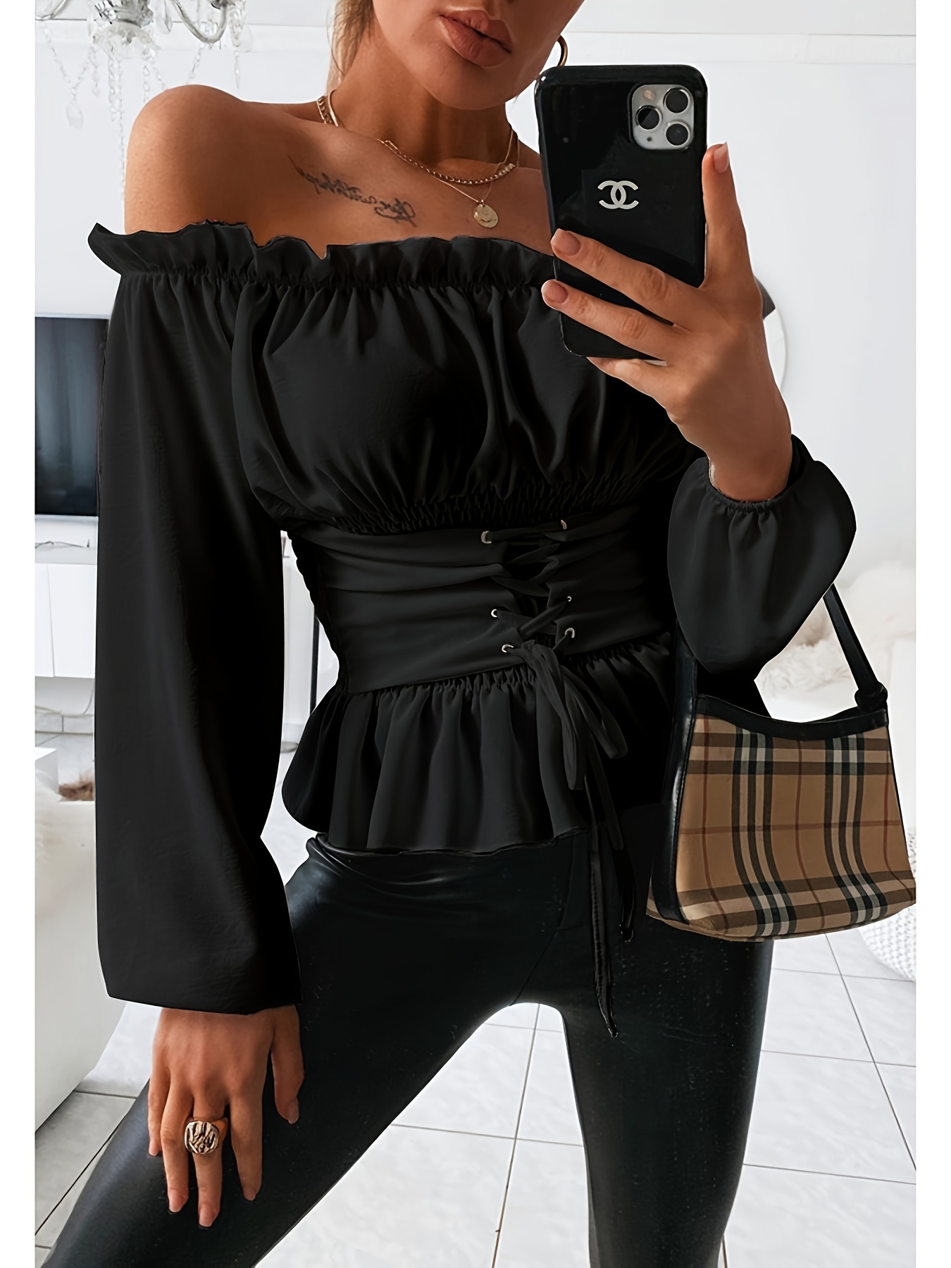 Chic Off Shoulder Ruffle Blouse with Tie Detail; Flattering Long Sleeve, Versatile & Machine Washable