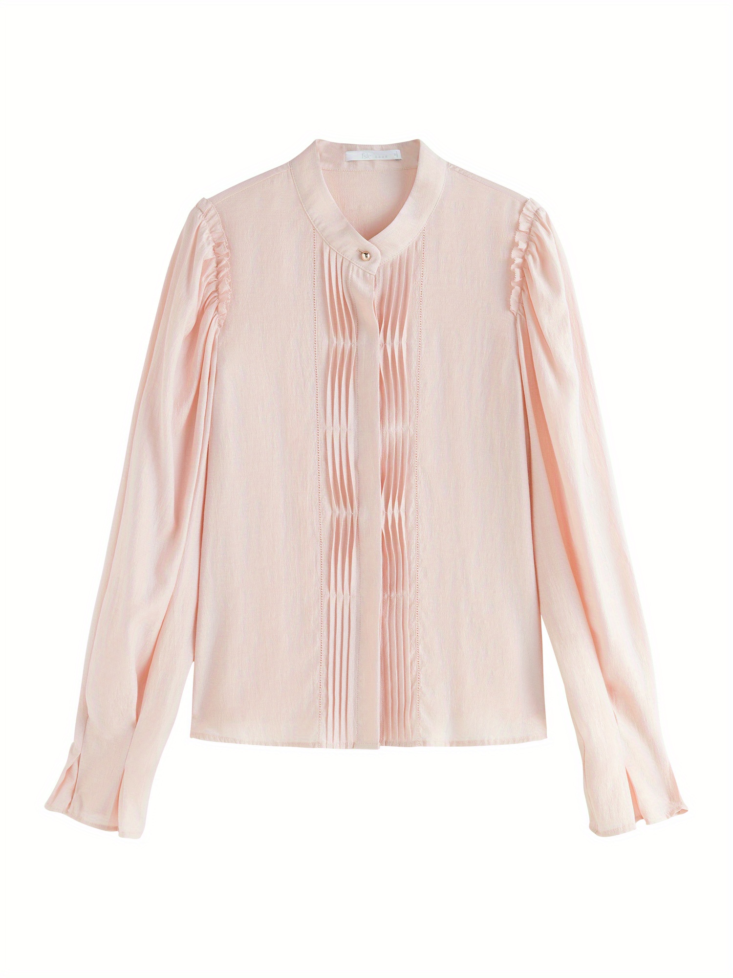 Elegant French-Inspired Women's Blouse - Long Sleeve With Stand Collar & Pleated Detail, Non-Stretch Viscose Blend, Perfect For Fall