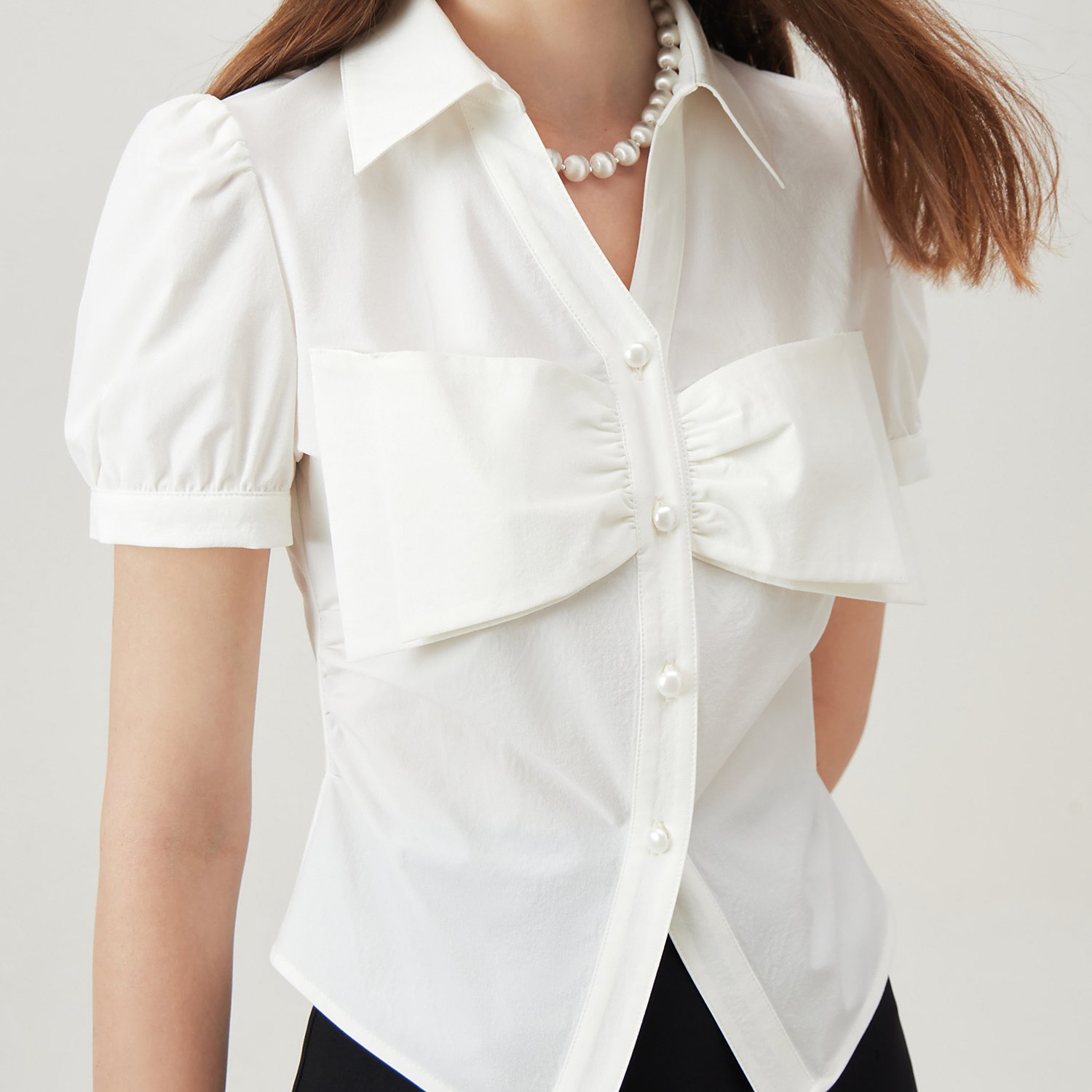 Bow Decor Beaded Slim Blouse, Sweet Short Sleeve Blouse For Spring & Summer, Women's Clothing