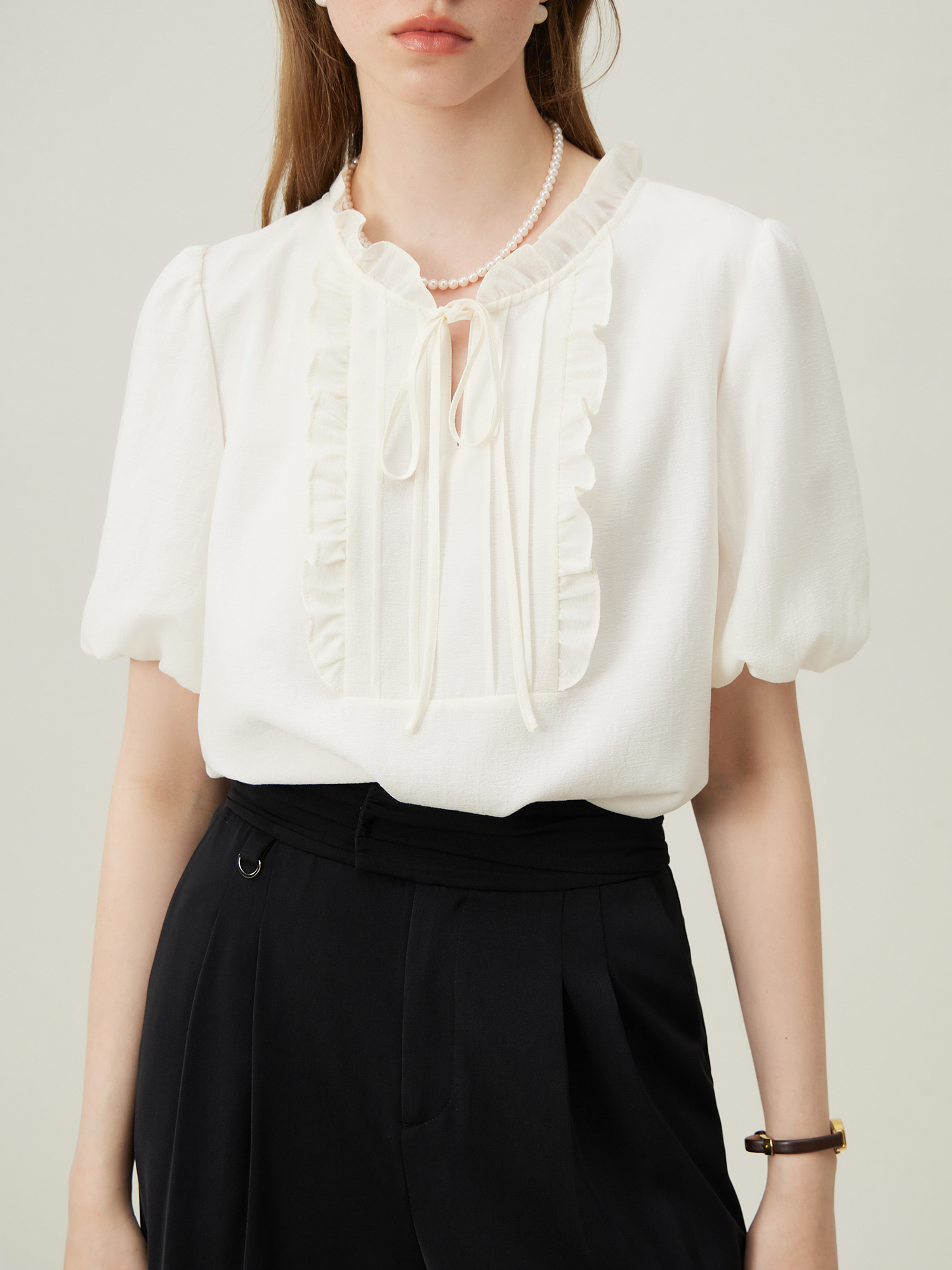 Ruffle Trim Tie Neck Blouse, Elegant Solid Short Sleeve Blouse For Spring & Summer, Women's Clothing