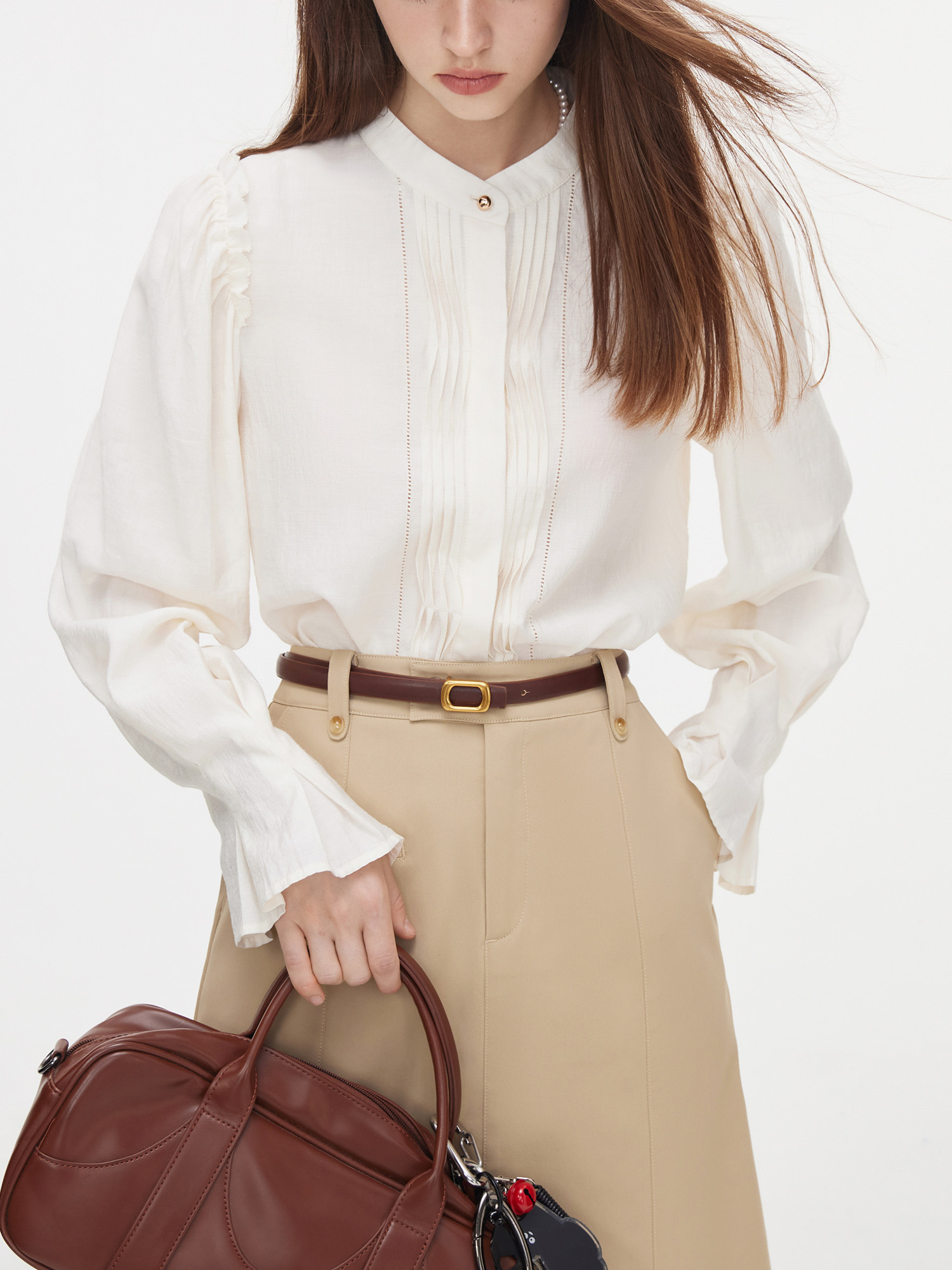 Elegant French-Inspired Women's Blouse - Long Sleeve With Stand Collar & Pleated Detail, Non-Stretch Viscose Blend, Perfect For Fall