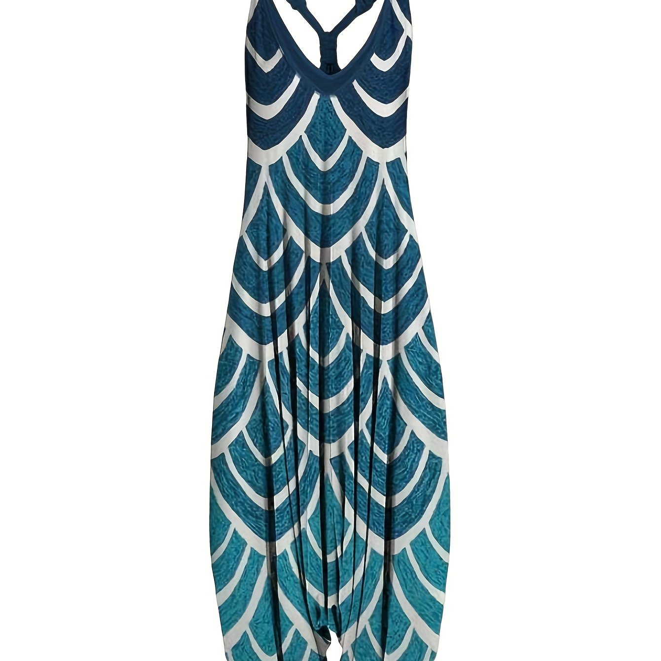 Vibrant Graphic Print Long Sleeveless V Neck Baggy Jumpsuit for Women - Relaxed Fit, Mid Elasticity, Machine Washable, Perfect for Summer Casual Occasions