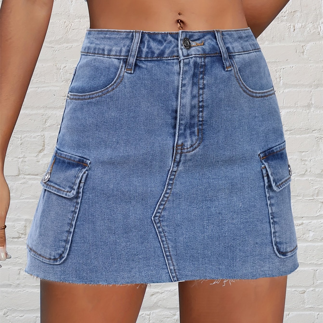 Women's Casual High-Waist Denim Mini Skirt, Cargo Style With Pockets, Frayed Hem Jean Skirt, Plain