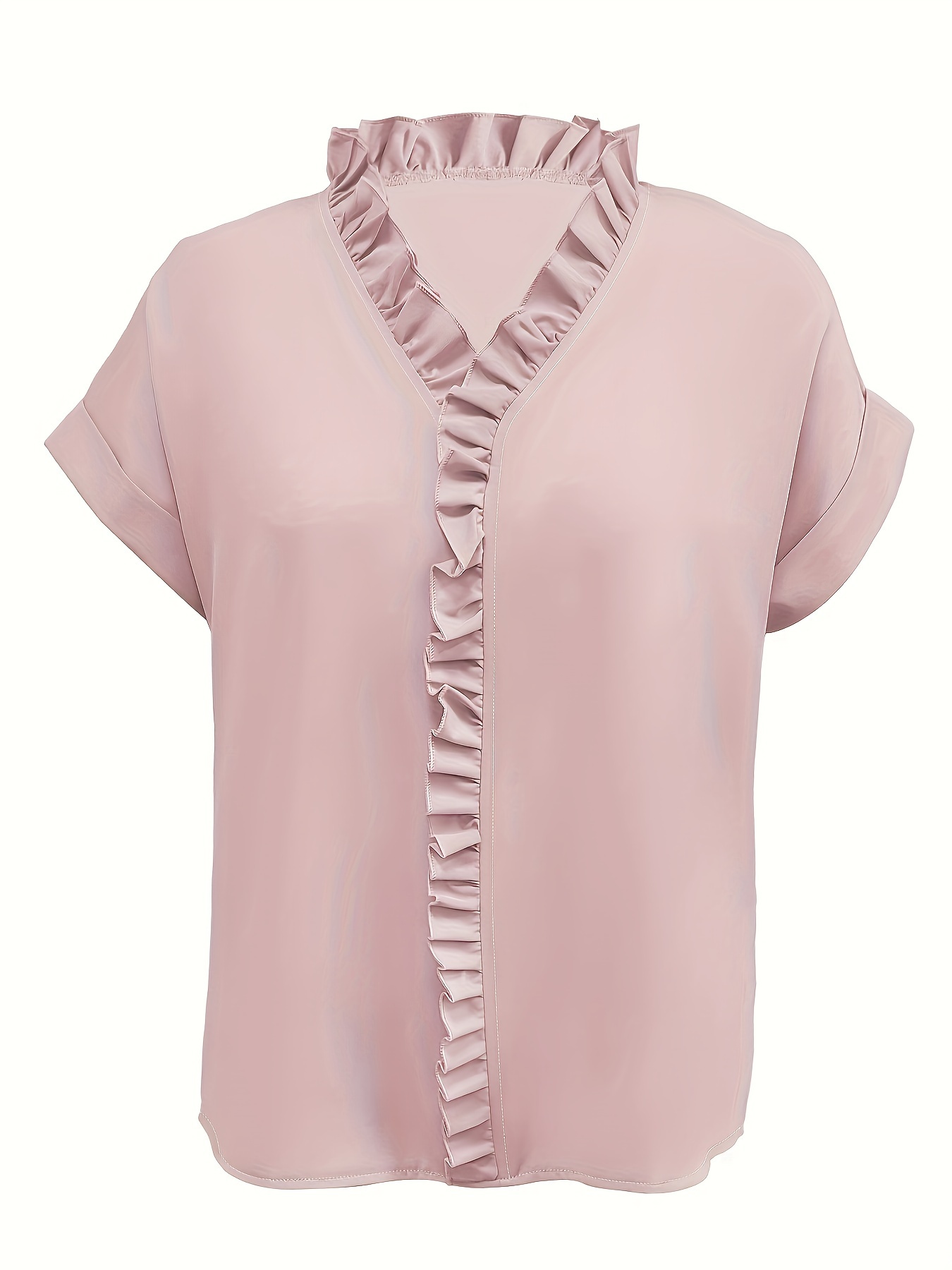 Solid Ruffle Hem Blouse, Elegant V-neck Short Sleeve Blouse For Spring & Summer, Women's Clothing