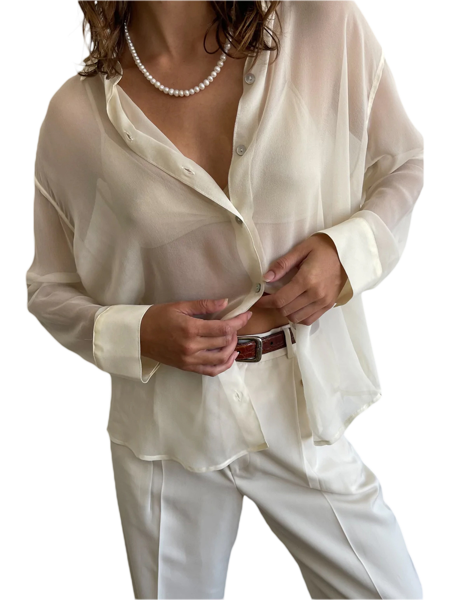 Womenacute;s Blouse, Lapel Collar Long Sleeve Button-Down See-Through Loose Shirt for Ladies