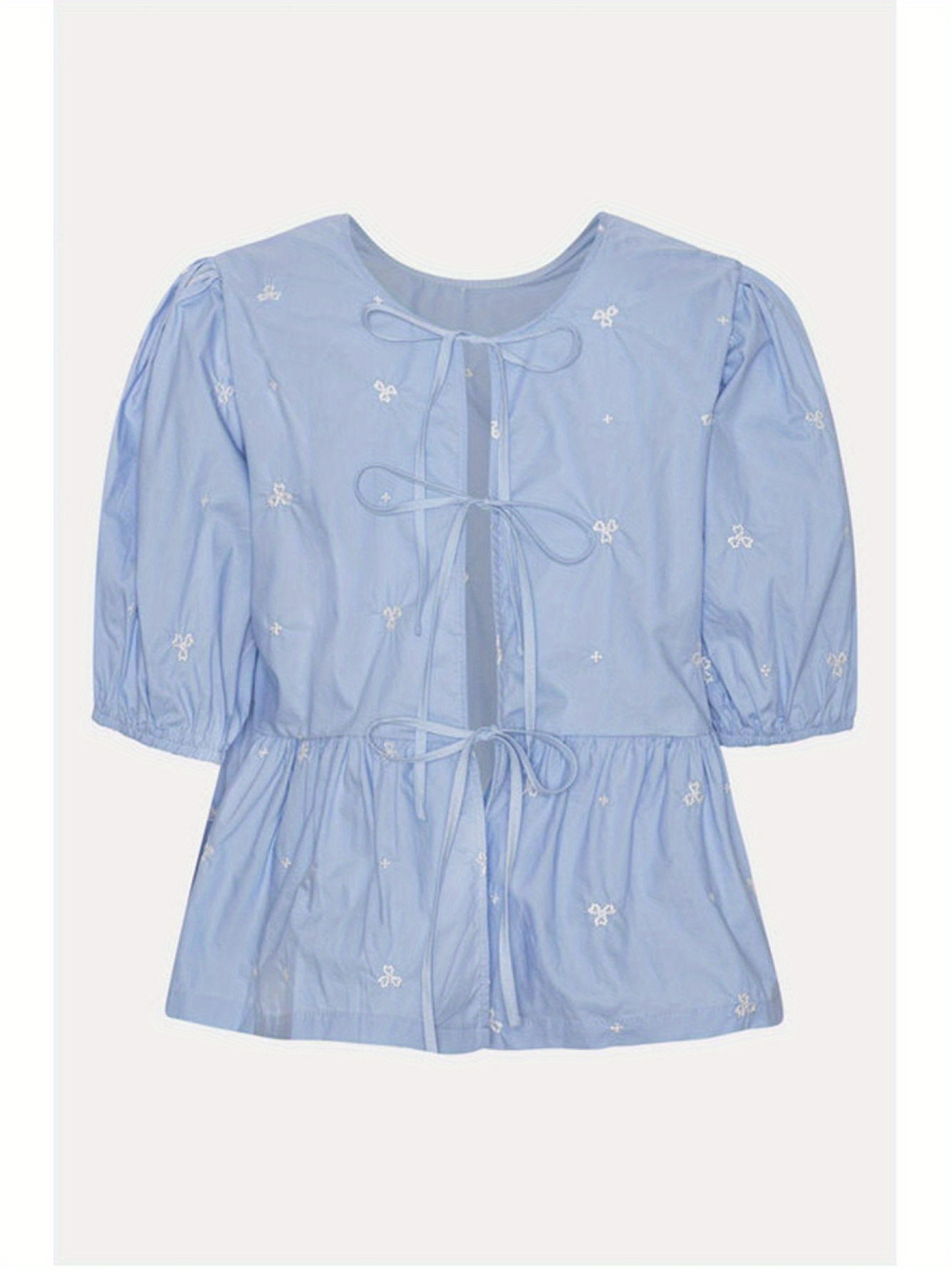 Tie Up Front Crew Neck Blouse, Elegant Short Puff Sleeve Ruffle Hem Blouse For Spring & Summer, Women's Clothing
