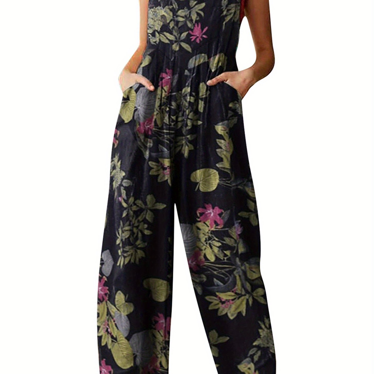 Women Plus Sizes Jumpsuit, Leaf Floral Print Square Neck Sleeveless Casual Overalls with Pockets for Girls, 3 Colors
