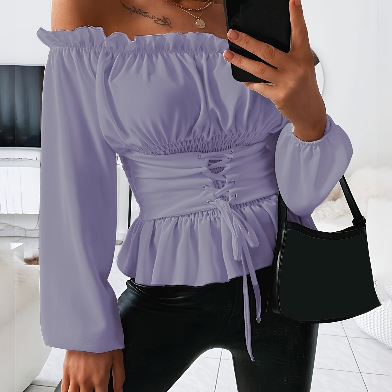 Chic Off Shoulder Ruffle Blouse with Tie Detail; Flattering Long Sleeve, Versatile & Machine Washable