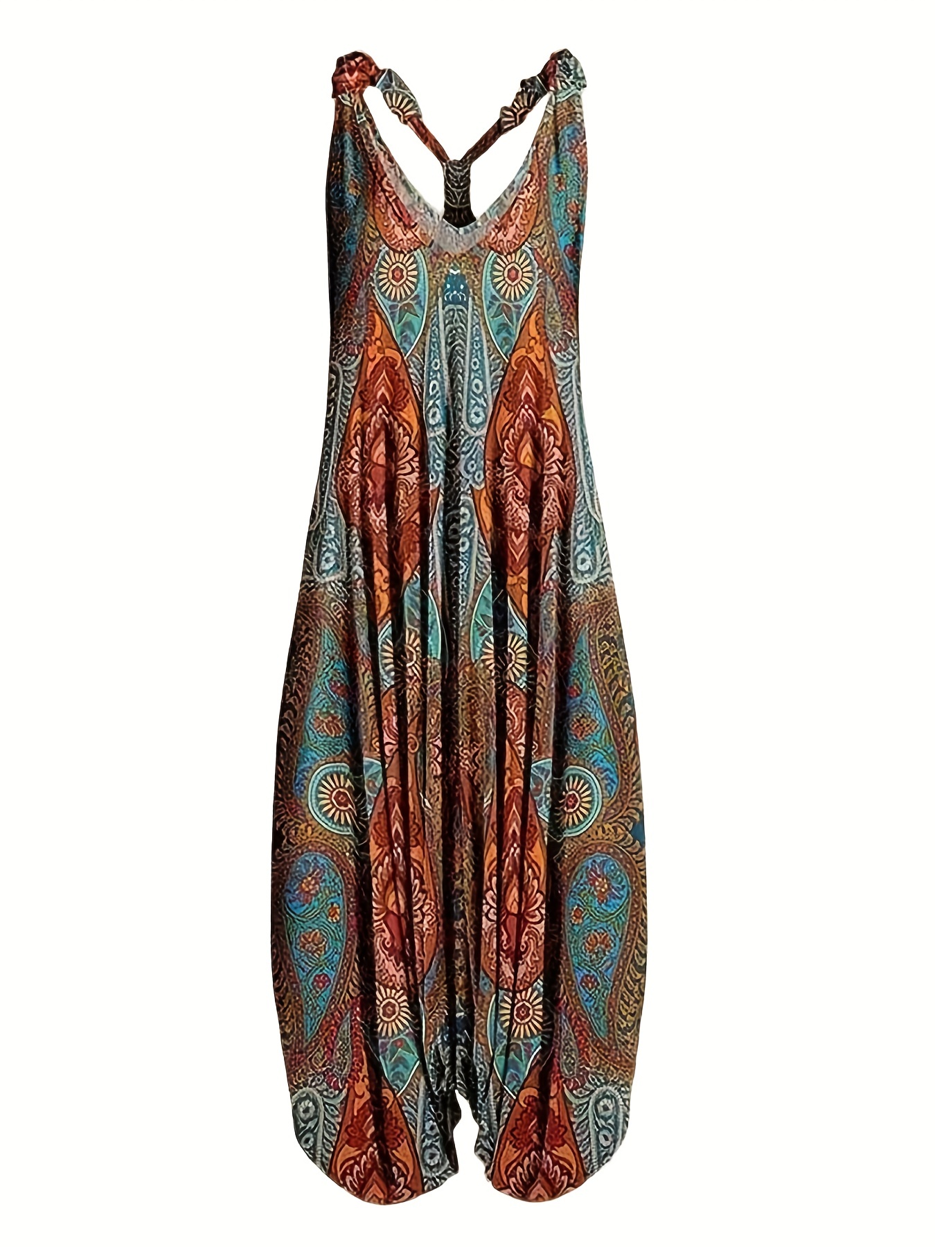 Fashionable Graphic Print V Neck Jumpsuit - Effortlessly Chic Sleeveless Baggy Style - Perfect for Spring & Summer - Trendy Womens Clothing