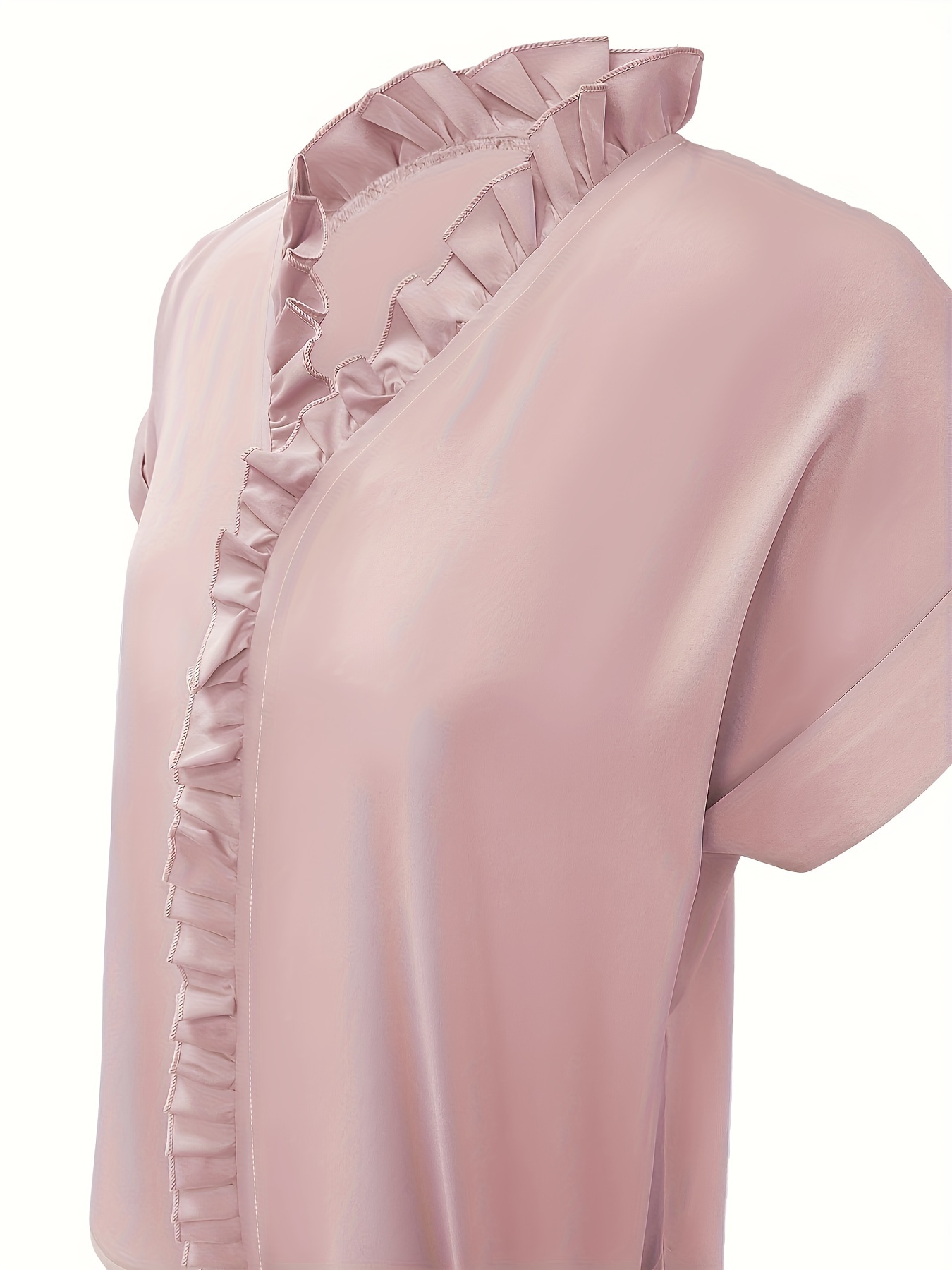 Solid Ruffle Hem Blouse, Elegant V-neck Short Sleeve Blouse For Spring & Summer, Women's Clothing