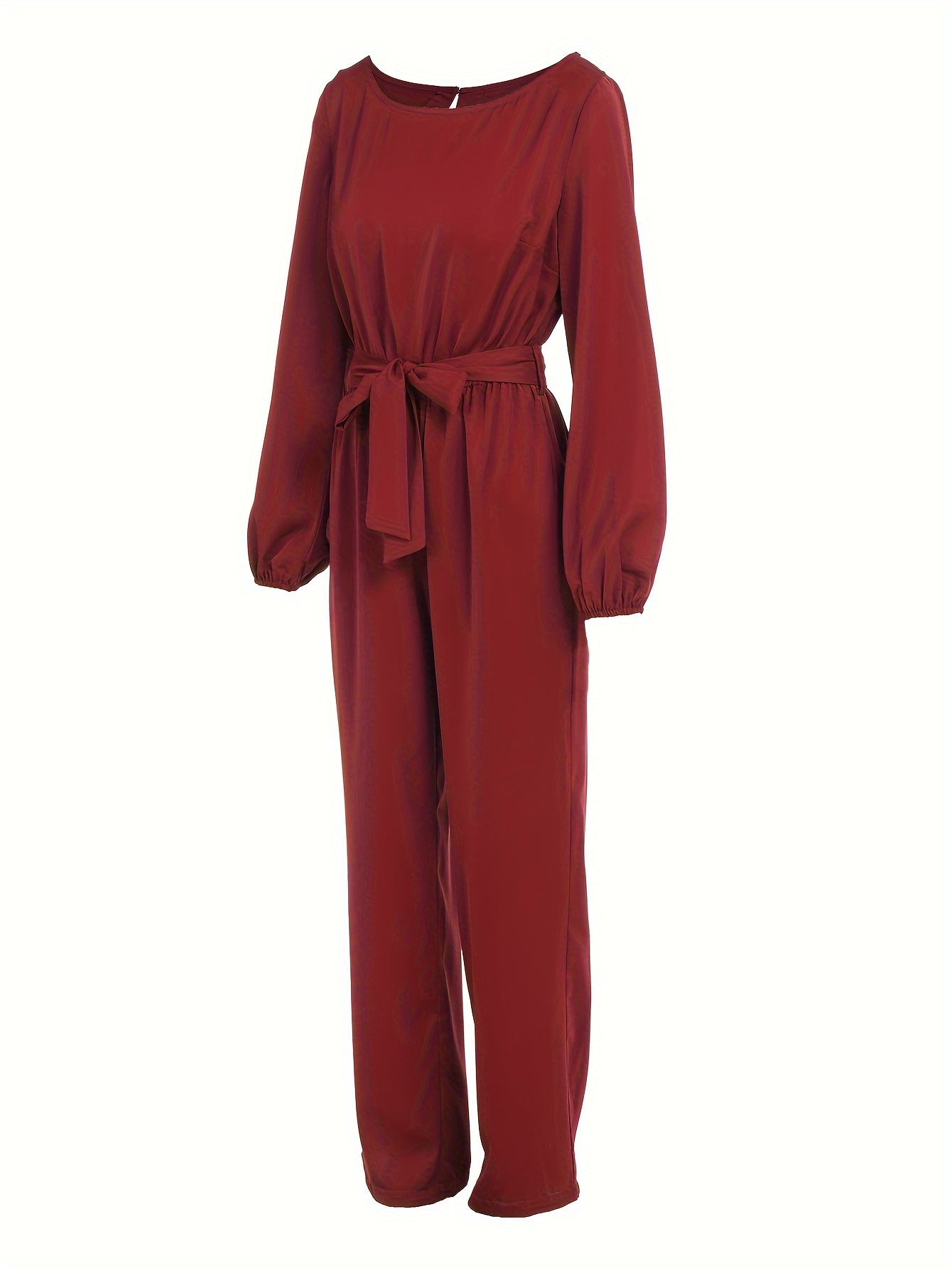 Crew Neck Wide Leg Jumpsuit, Elegant Lantern Sleeve Belted Jumpsuit For Spring & Fall, Women's Clothing