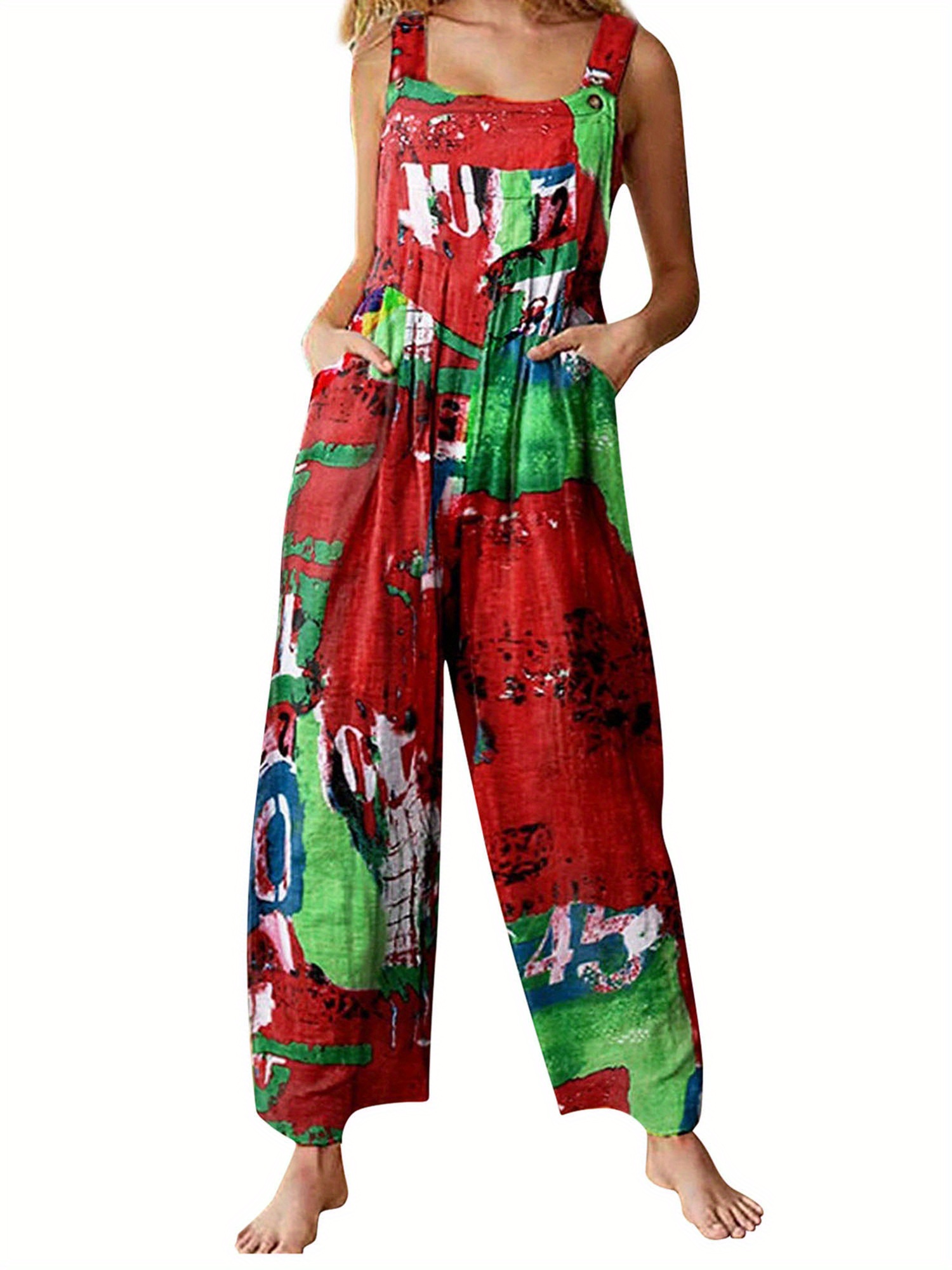 Allover Print Square Neck Overall Jumpsuit, Casual Loose Wide Leg Overall Jumpsuit With Pocket, Women's Clothing
