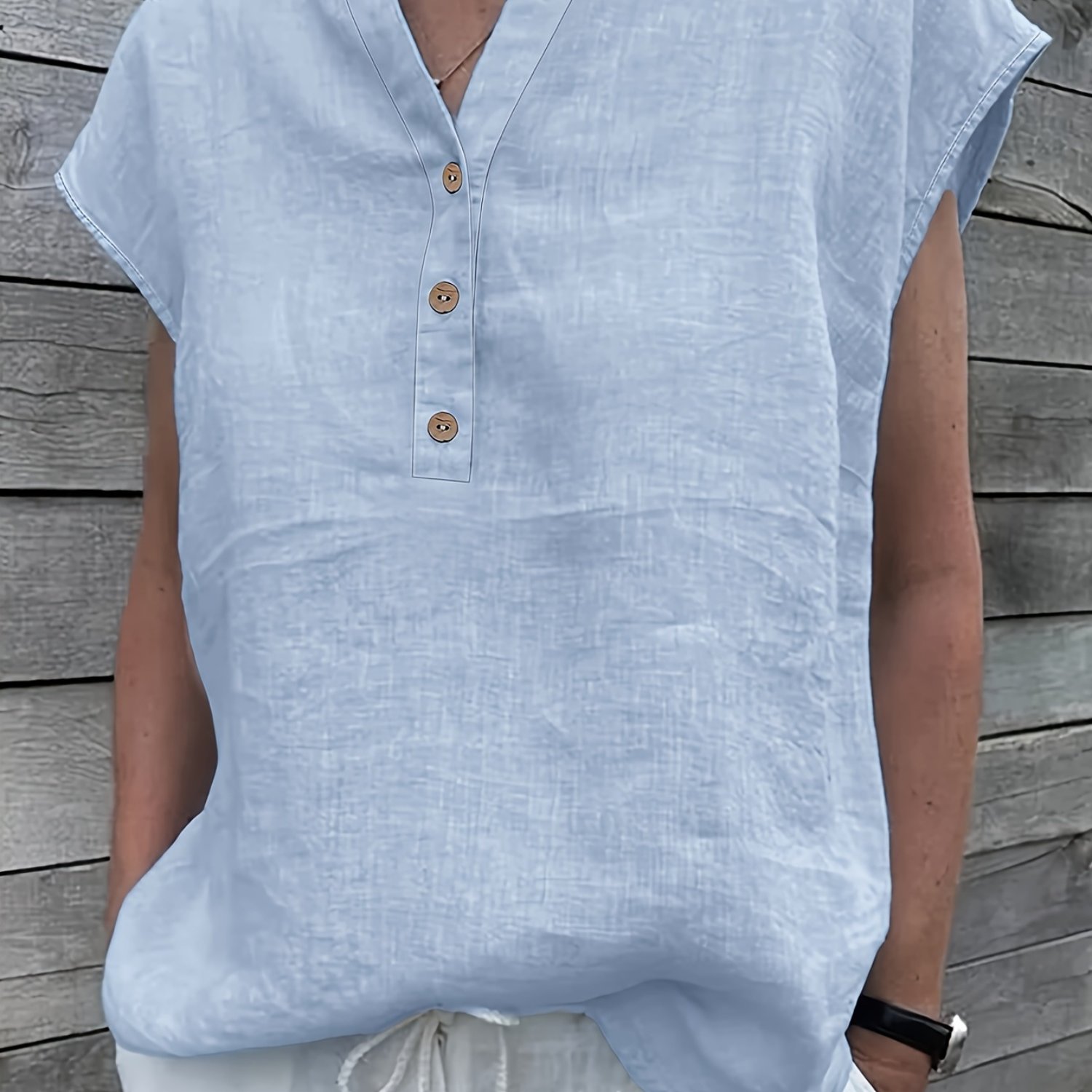 Women's Elegant Polyester V-Neck Blouse - Solid Color Spring FSummer Shirting with Button Details - 100% Polyester Woven Sleeveless Top