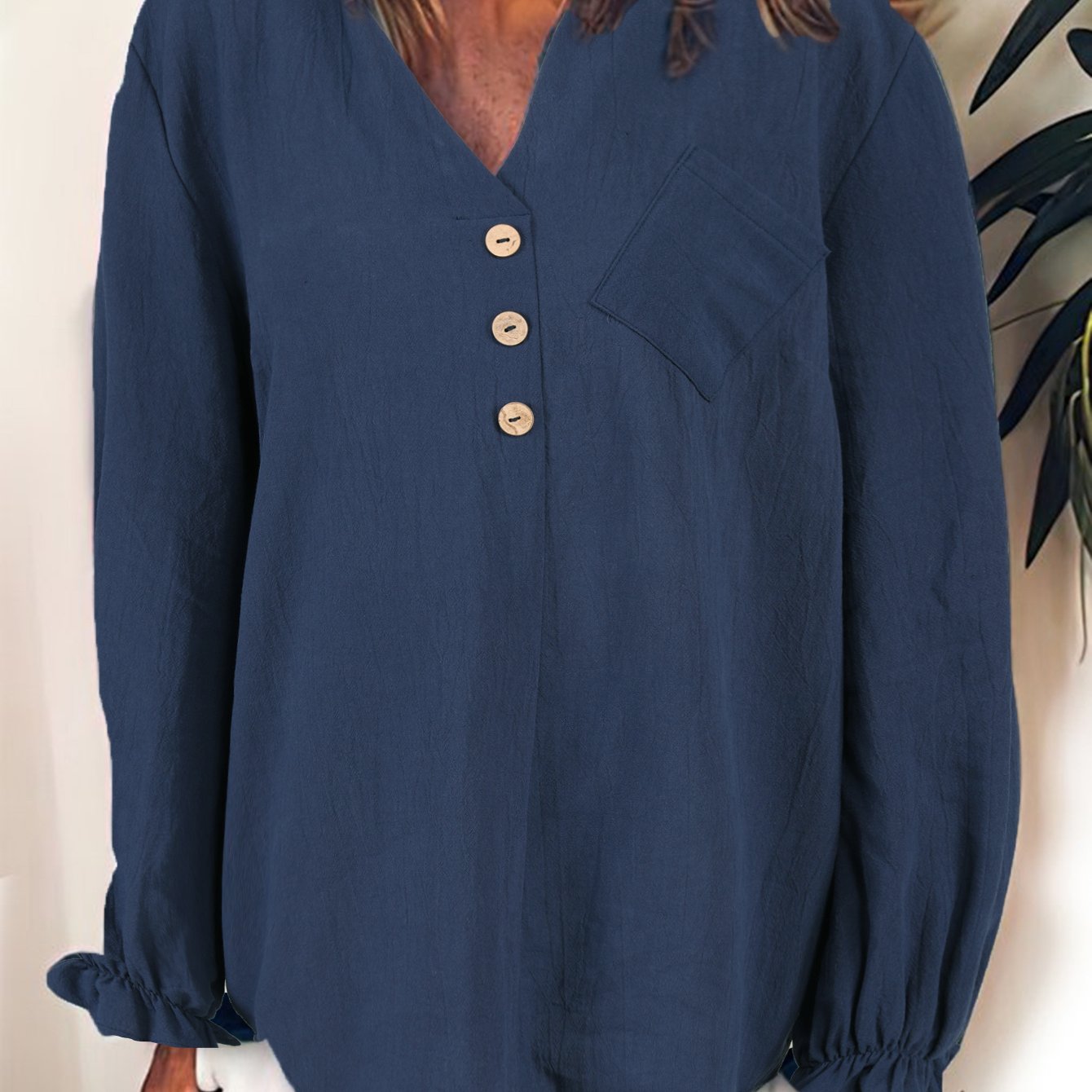 Solid Color Button Front Blouse, Casual V Neck With Pocket Long Sleeve Blouse For Spring & Fall, Women's Clothing