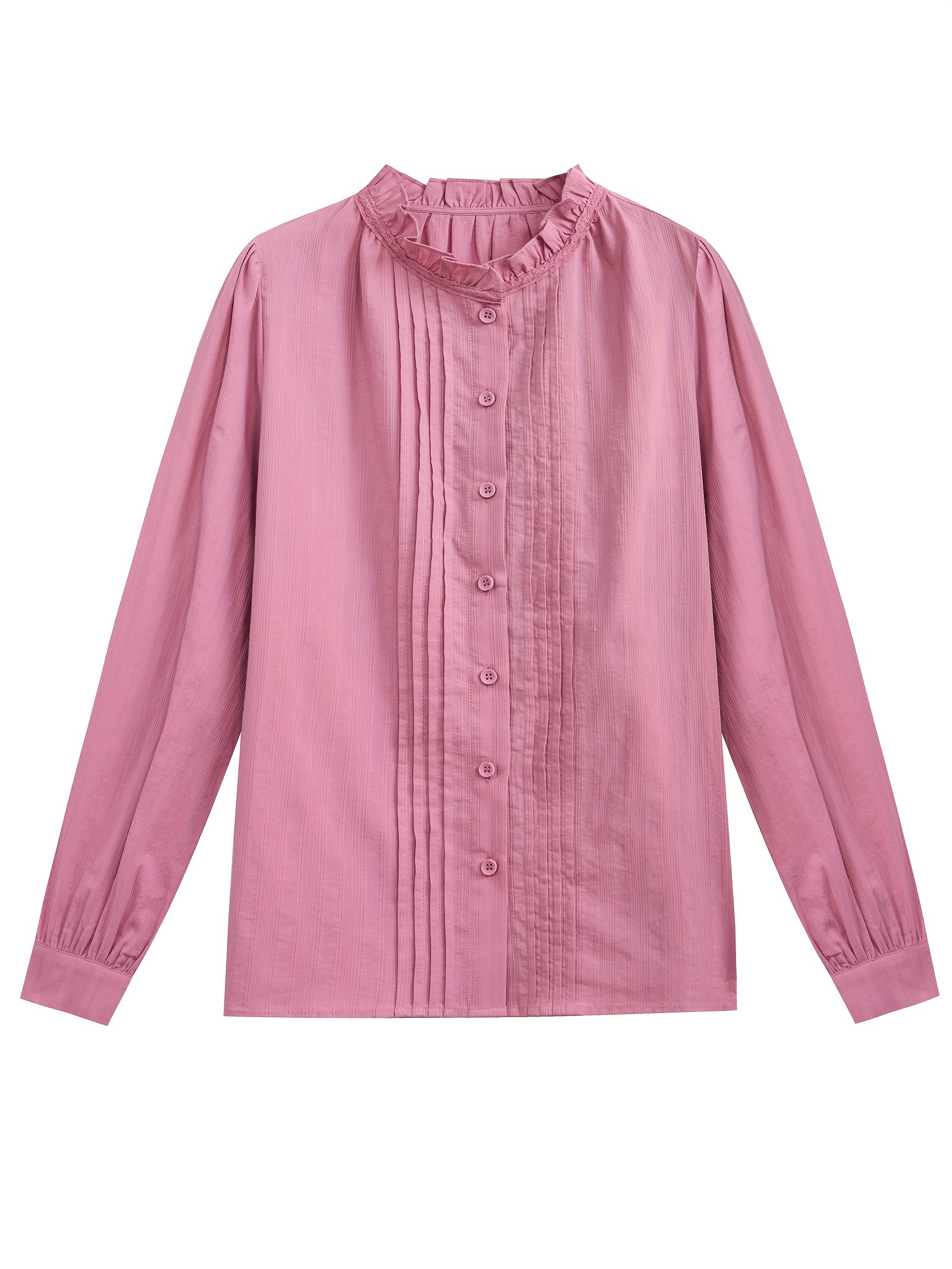 Ruffle Trim Button Front Blouse, Casual Solid Color Long Sleeve Pintuck Blouse For Spring & Fall, Women's Clothing
