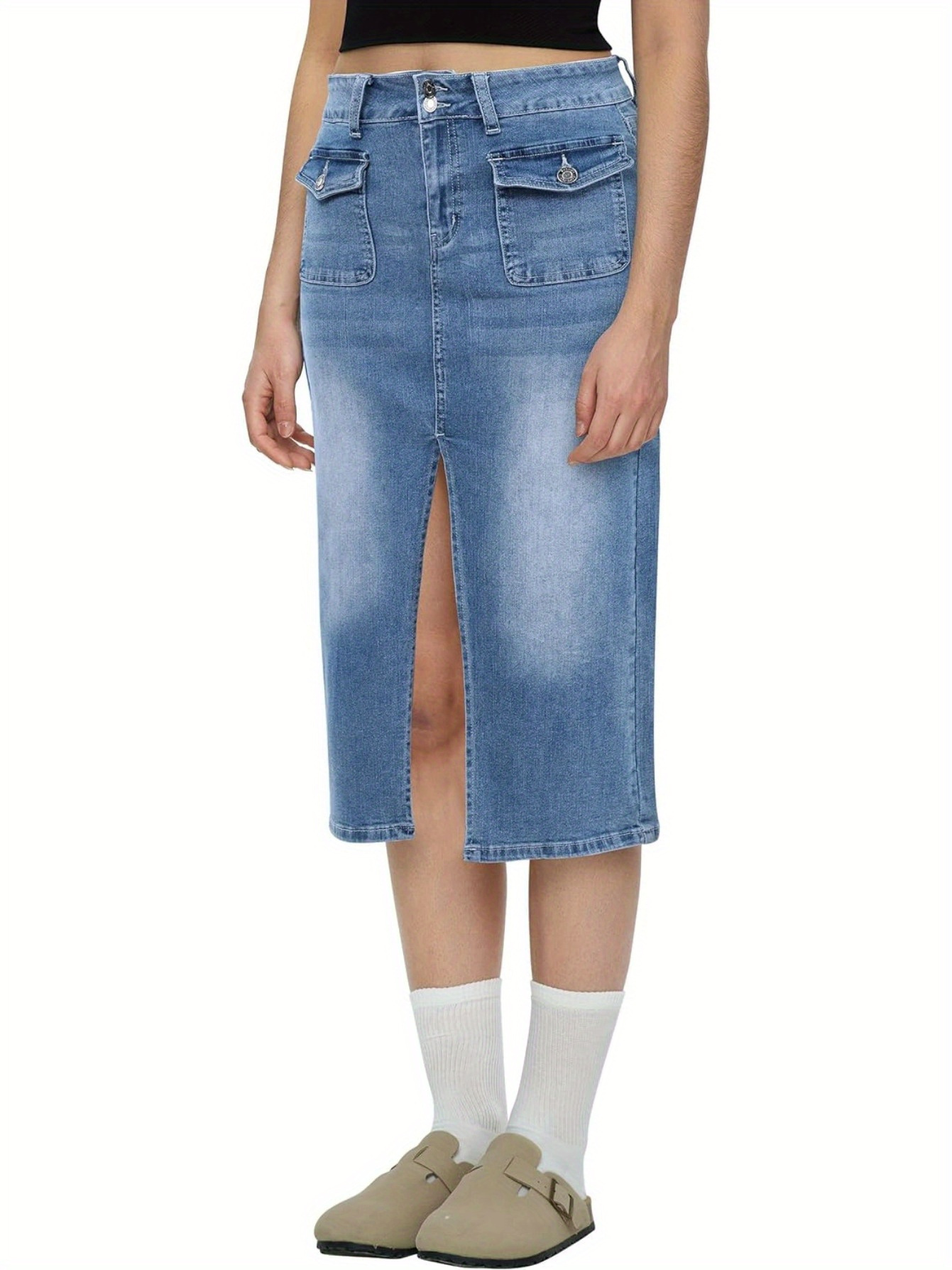 Women's Casual Midi-Length Denim Skirt With Front Slit And Patch Pockets, Straight Cut Jean Skirt