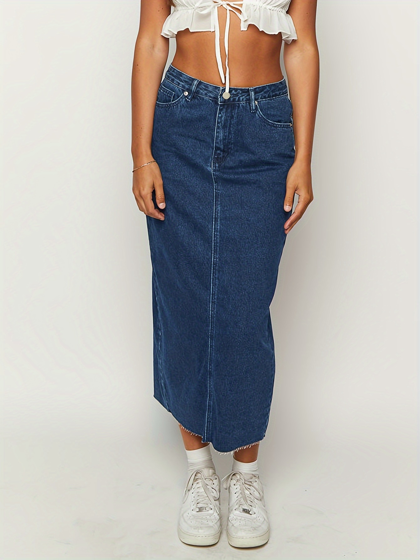 Raw Hem Plain Washed Blue Retro Style Midi Denim Skirt With Slant Pocket, Women's Denim Jeans & Clothing