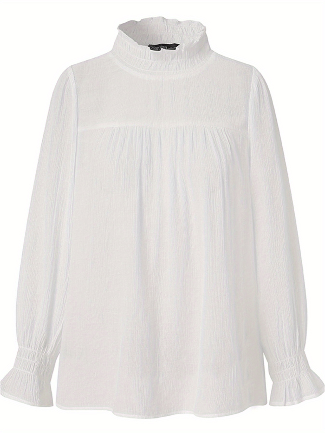 Ruffle Trim Mock Neck Blouse, Casual Solid Long Sleeve Pleated Shirred Blouse For Spring & Fall, Women's Clothing