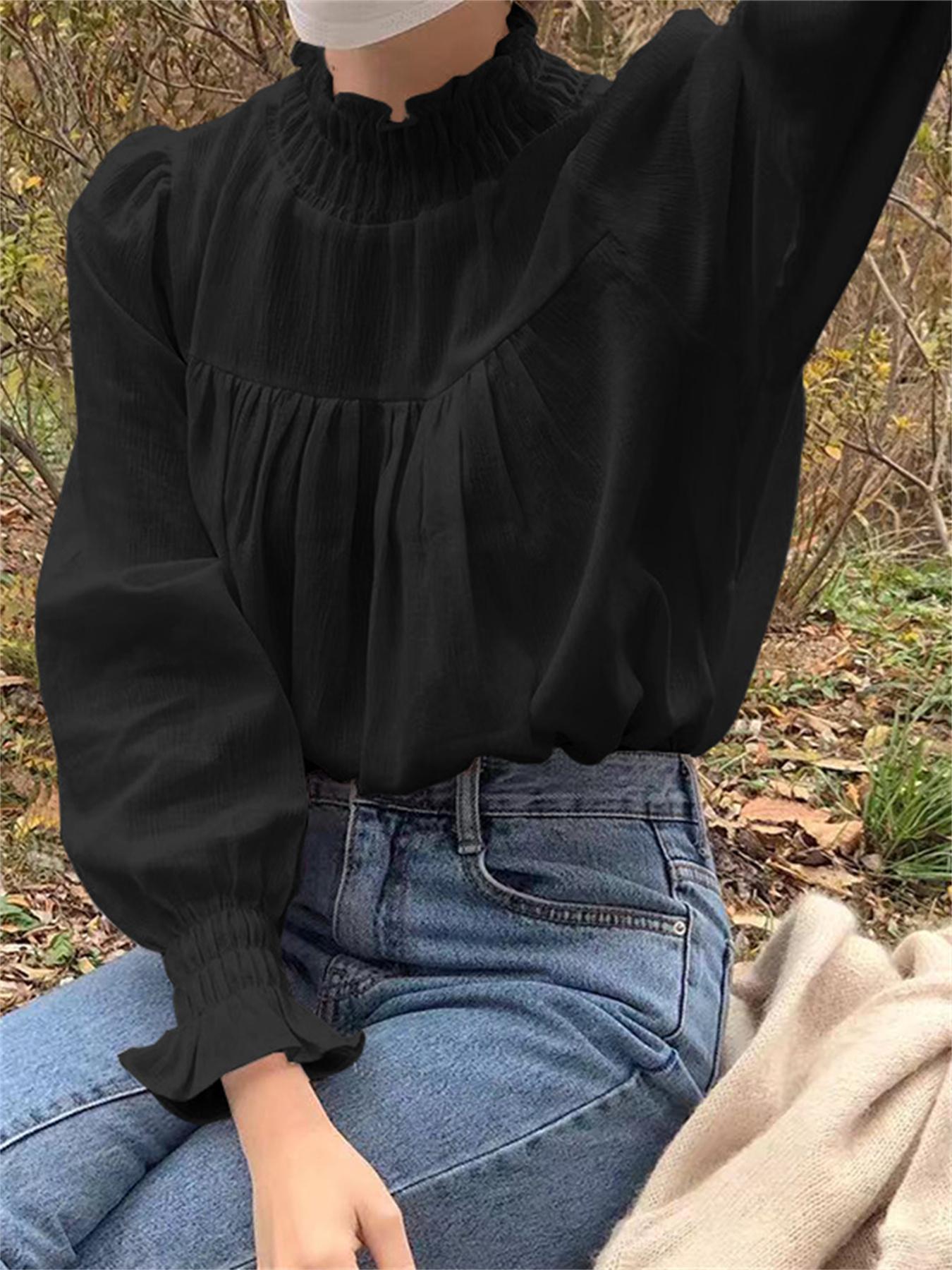 Ruffle Trim Mock Neck Blouse, Casual Solid Long Sleeve Pleated Shirred Blouse For Spring & Fall, Women's Clothing