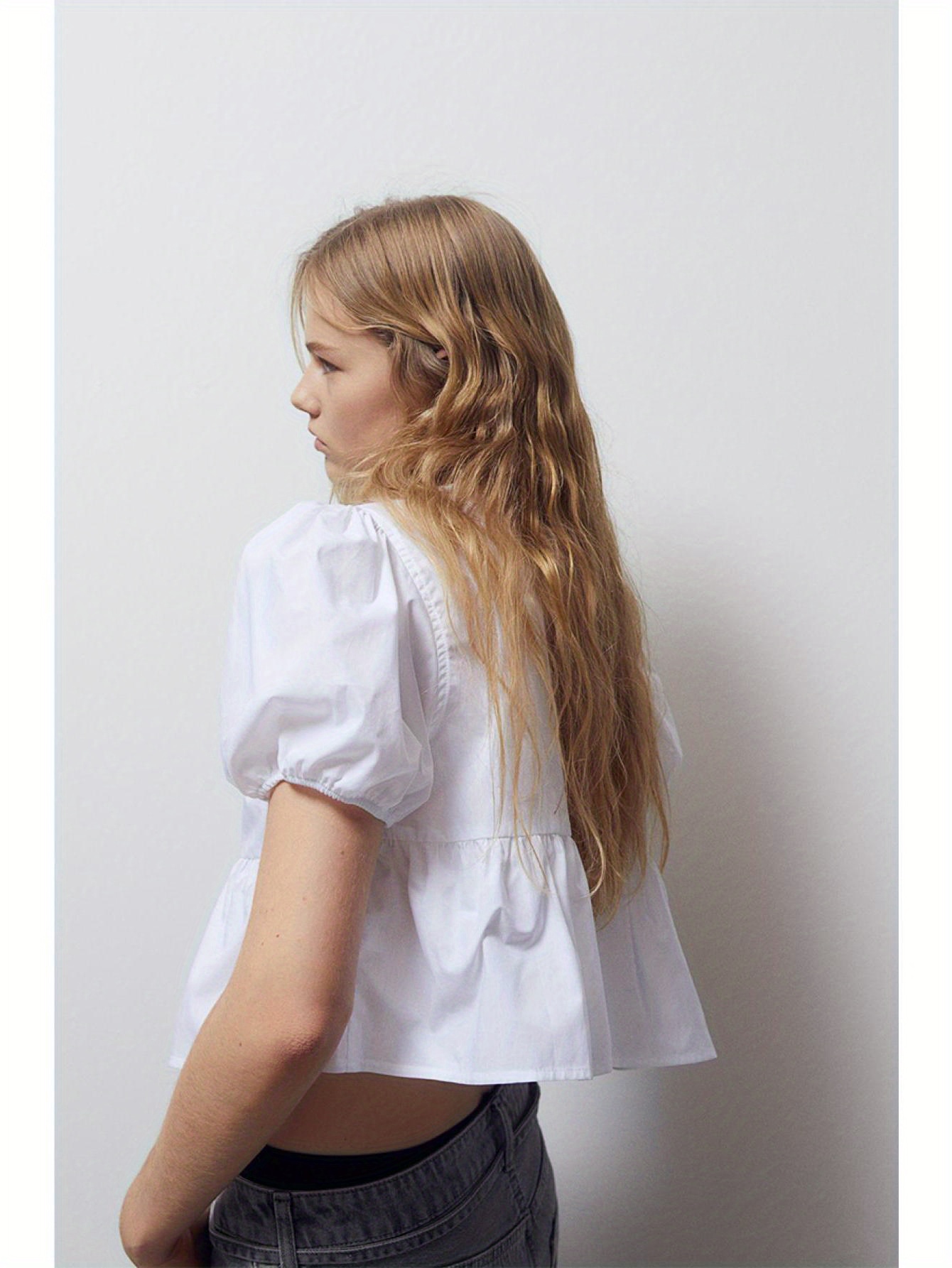Tie Up Front Crew Neck Blouse, Elegant Short Puff Sleeve Ruffle Hem Blouse For Spring & Summer, Women's Clothing