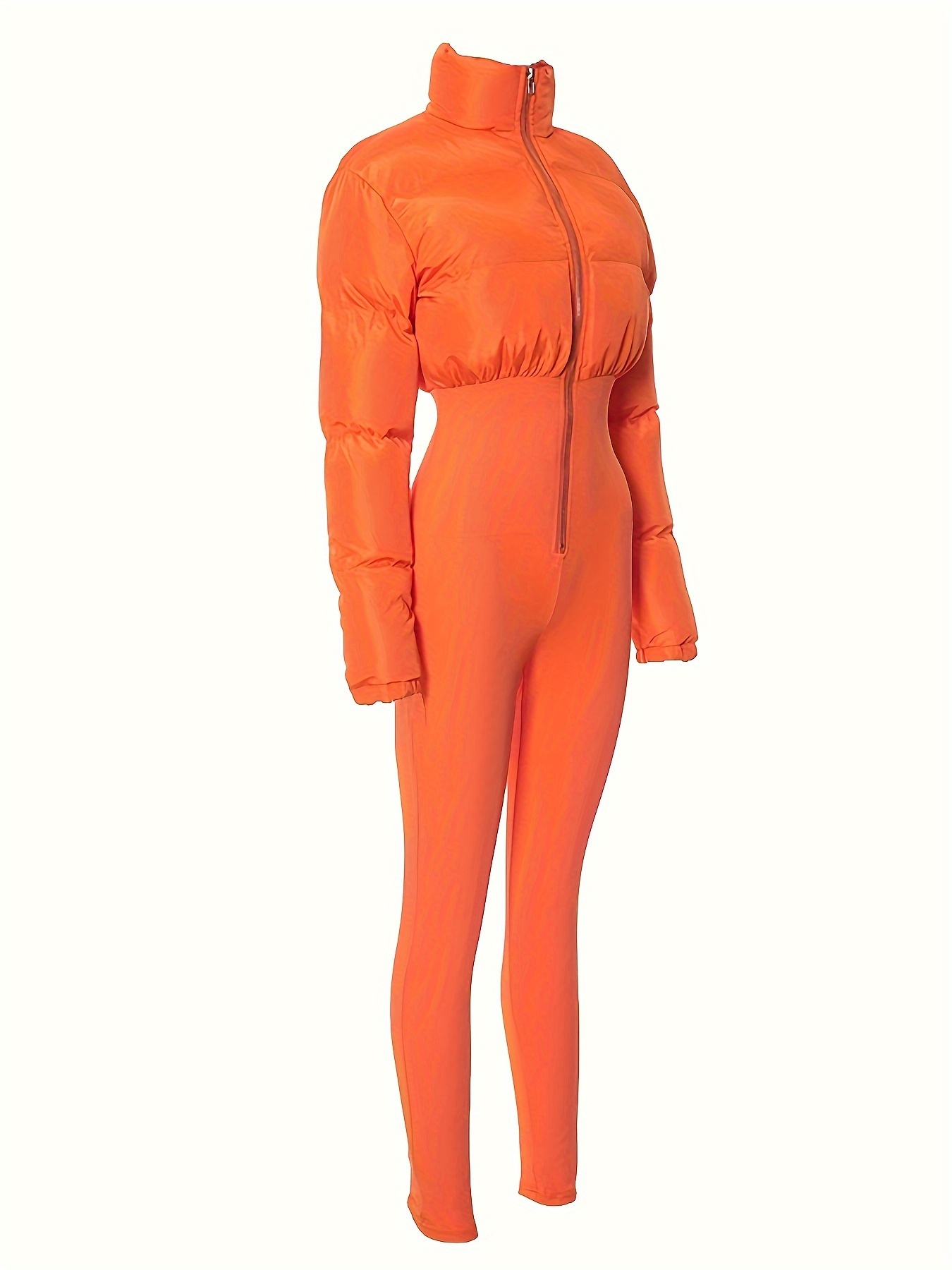 Solid Zip Front Warm Jumpsuit, Elegant Collared Long Sleeve One-Piece Jumpsuit For Fall & Winter, Women's Clothing