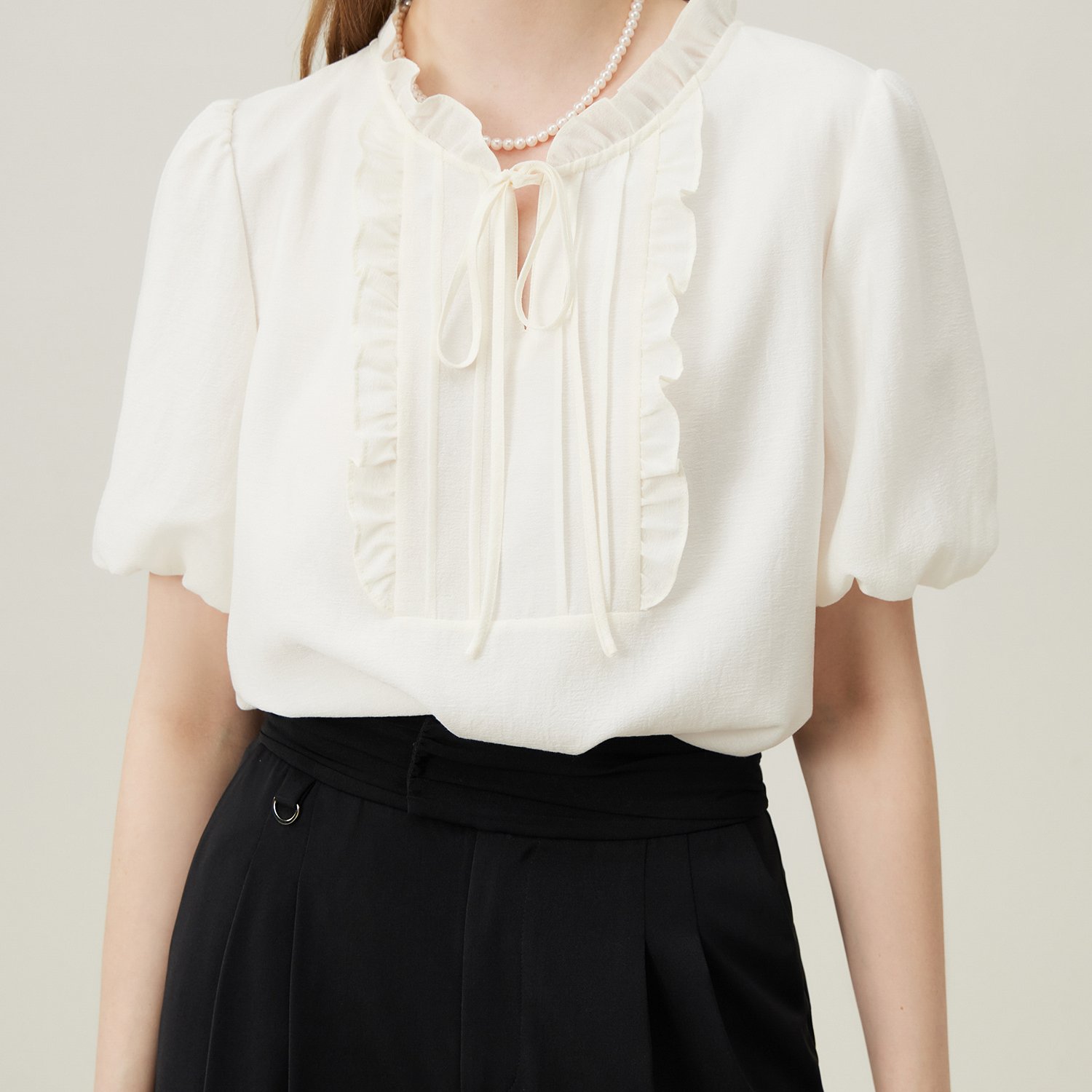 Ruffle Trim Tie Neck Blouse, Elegant Solid Short Sleeve Blouse For Spring & Summer, Women's Clothing