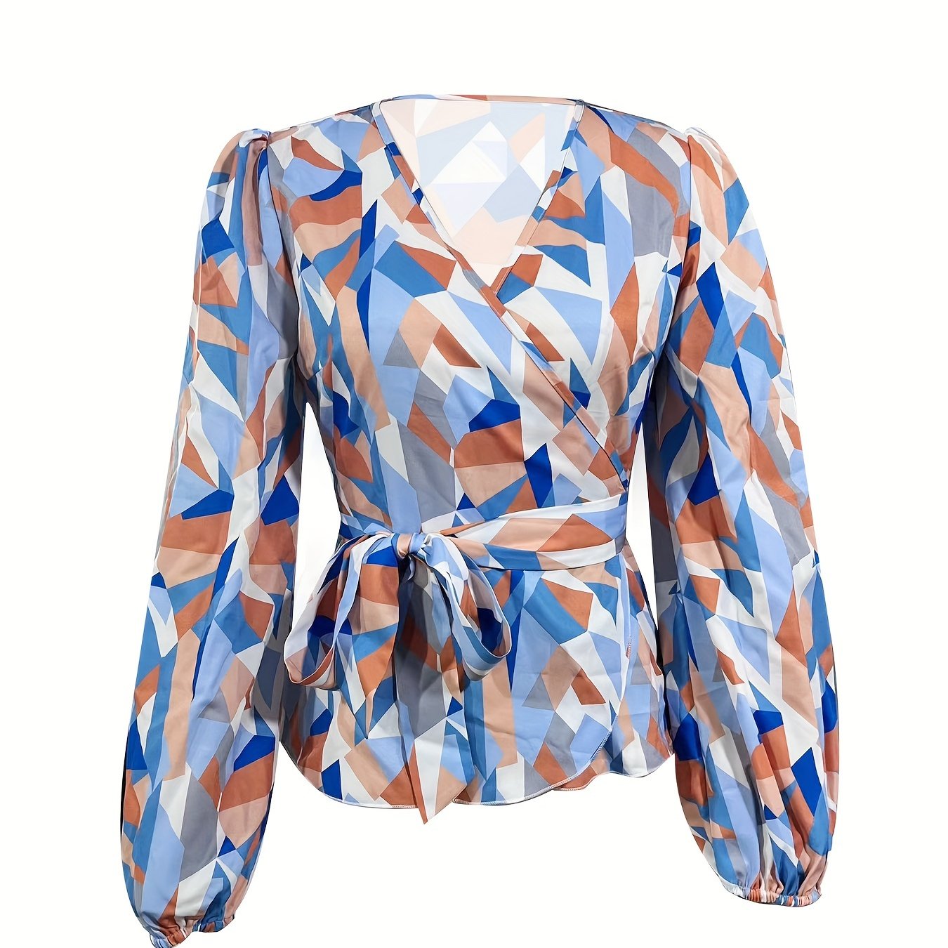 Women's Elegant Polyester Blouse With Geometric Pattern, V-Neck, All-Season, Machine Washable, Classic Style