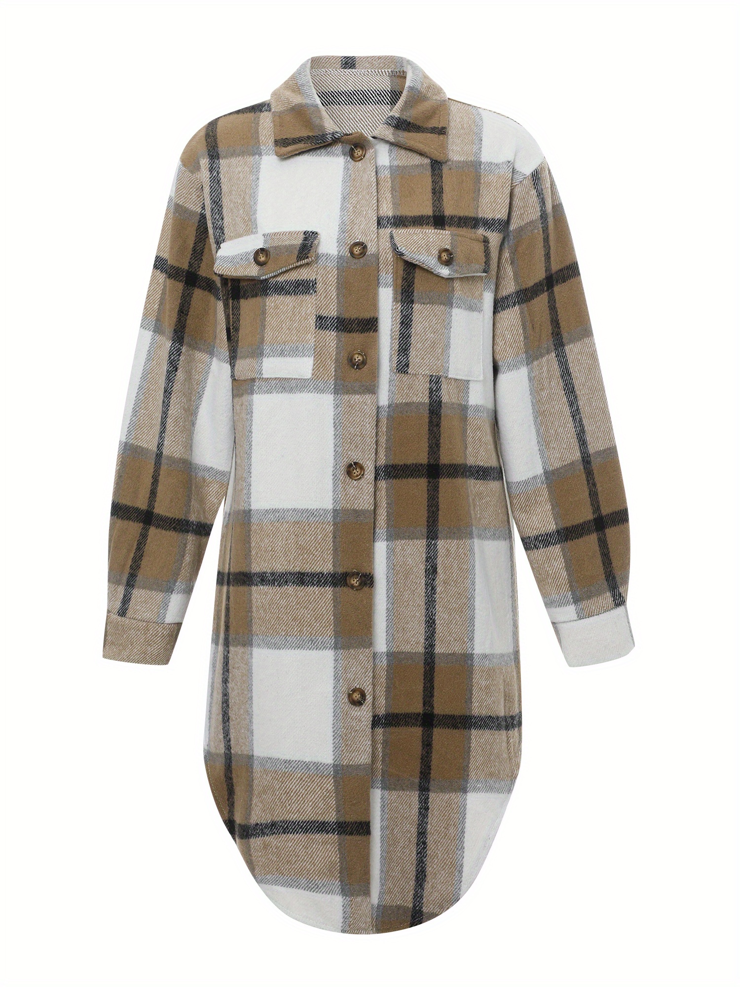 Plaid Pattern Button Up Blouse, Casual Lapel Collar Arc Hem Mid Length Blouse With Pocket, Women's Clothing
