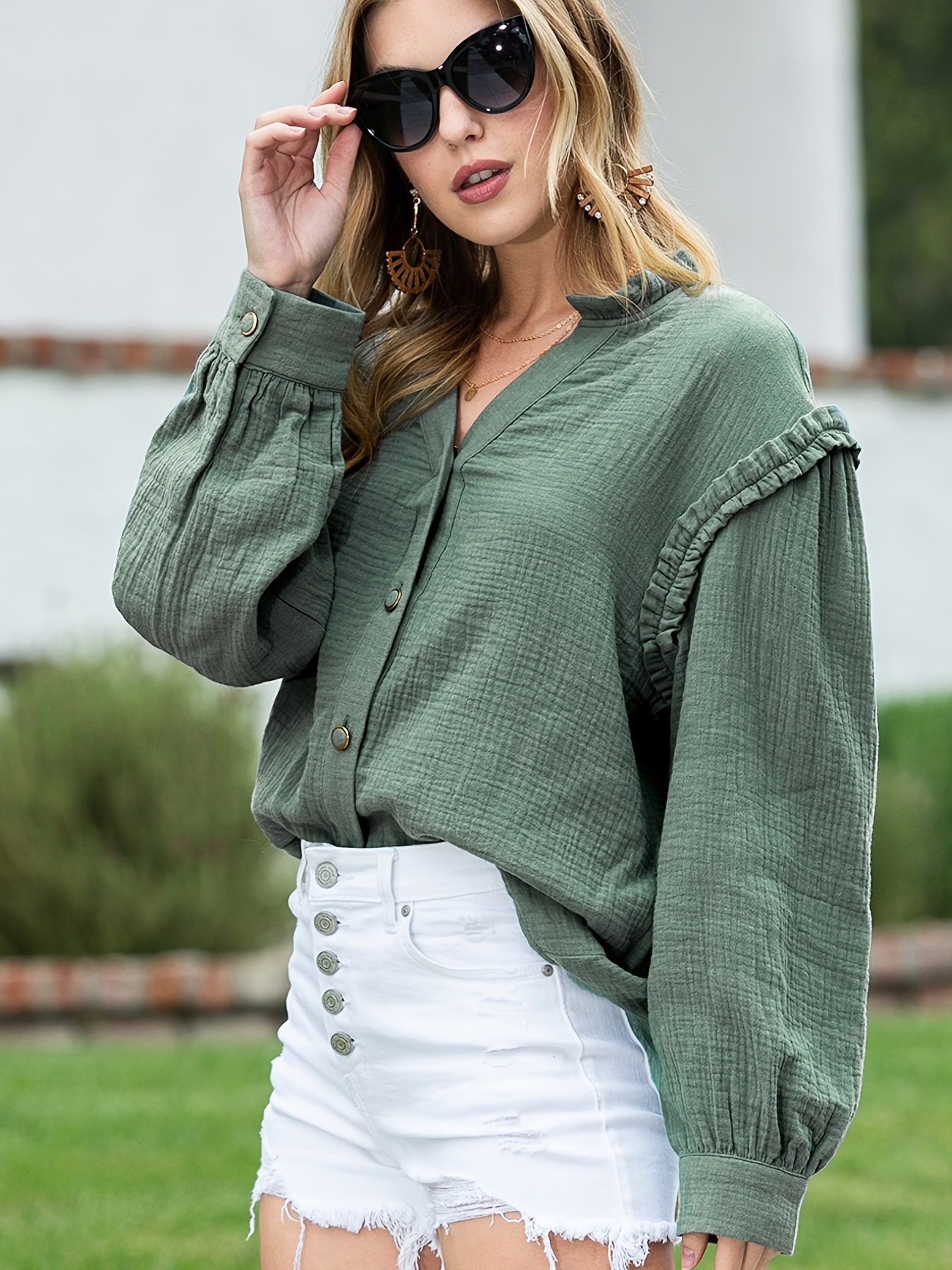 Solid Ruffle Hem Blouse, Elegant Button Front Drop Shoulder Blouse, Women's Clothing