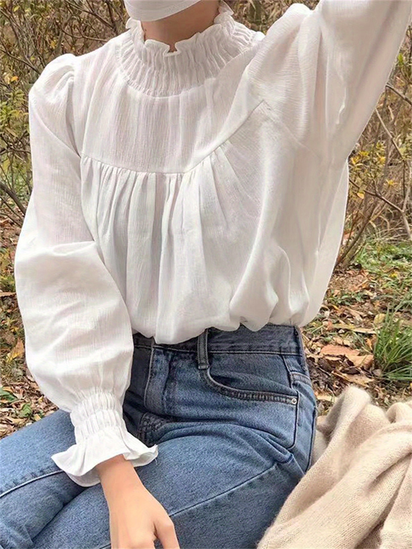 Ruffle Trim Mock Neck Blouse, Casual Solid Long Sleeve Pleated Shirred Blouse For Spring & Fall, Women's Clothing