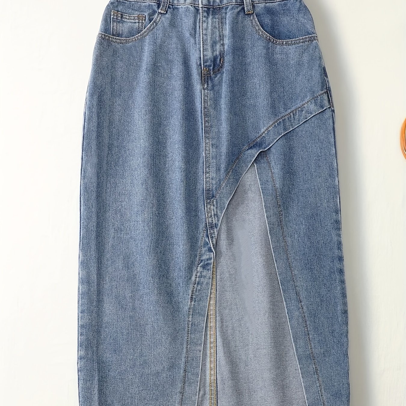 High-Waisted Irregular Split Midi Denim Skirt, Summer A-Line Plain Washed Blue Casual Style For Women