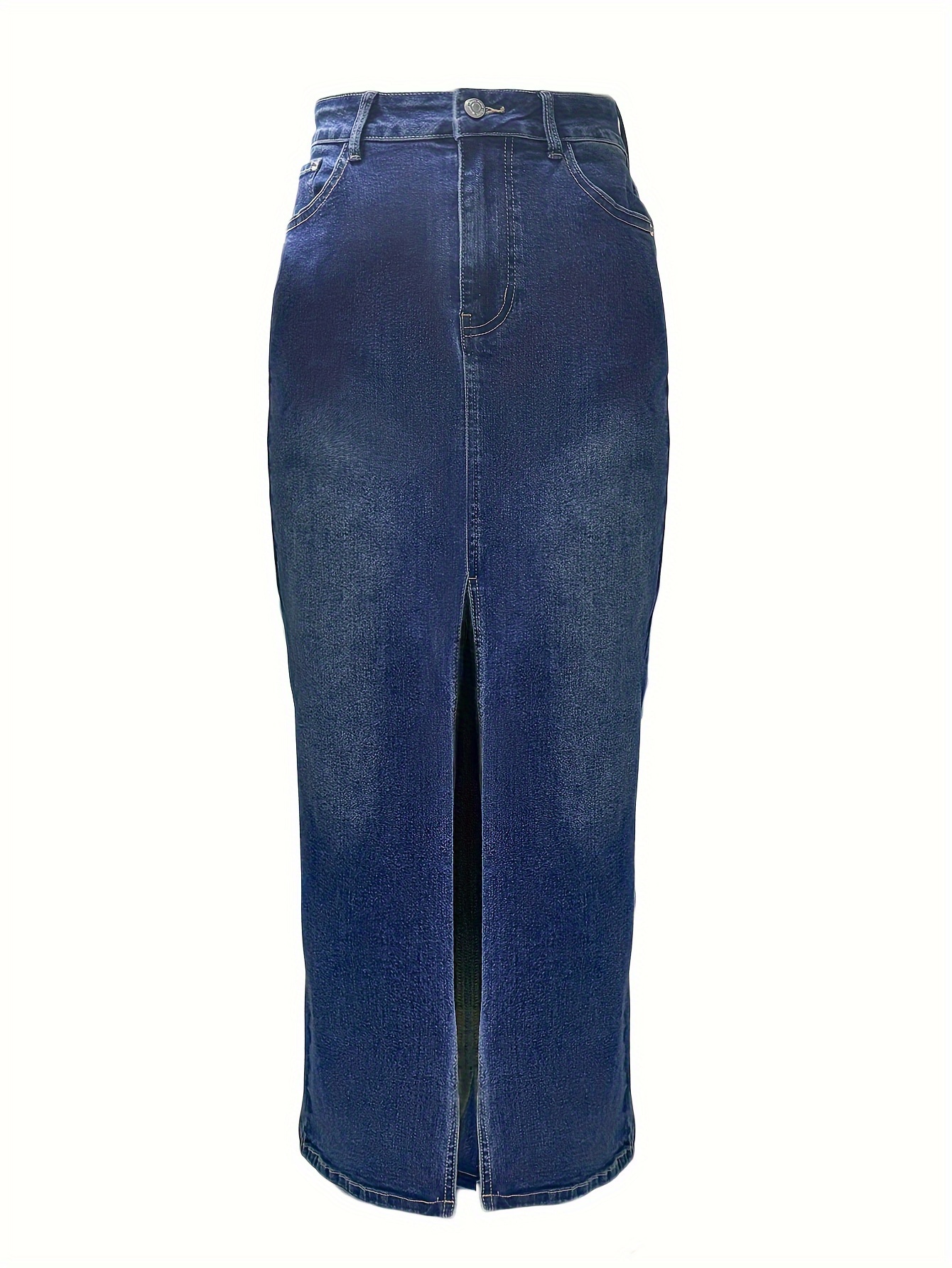 Split Front Plain Washed Blue Retro Y2K Streetwear Maxi Denim Skirt, Women's Denim Jeans & Clothing