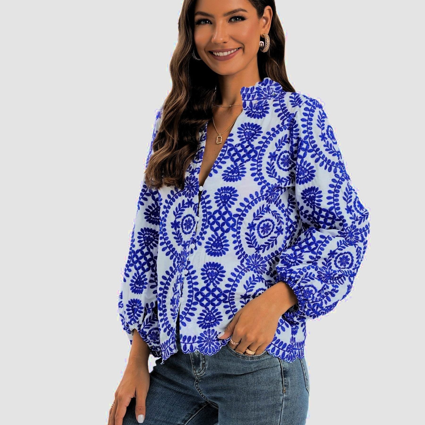 Elegant Women's Embroidered Blouse - Breathable Fabric, Perfect for Any Occasion, Flattering Fit