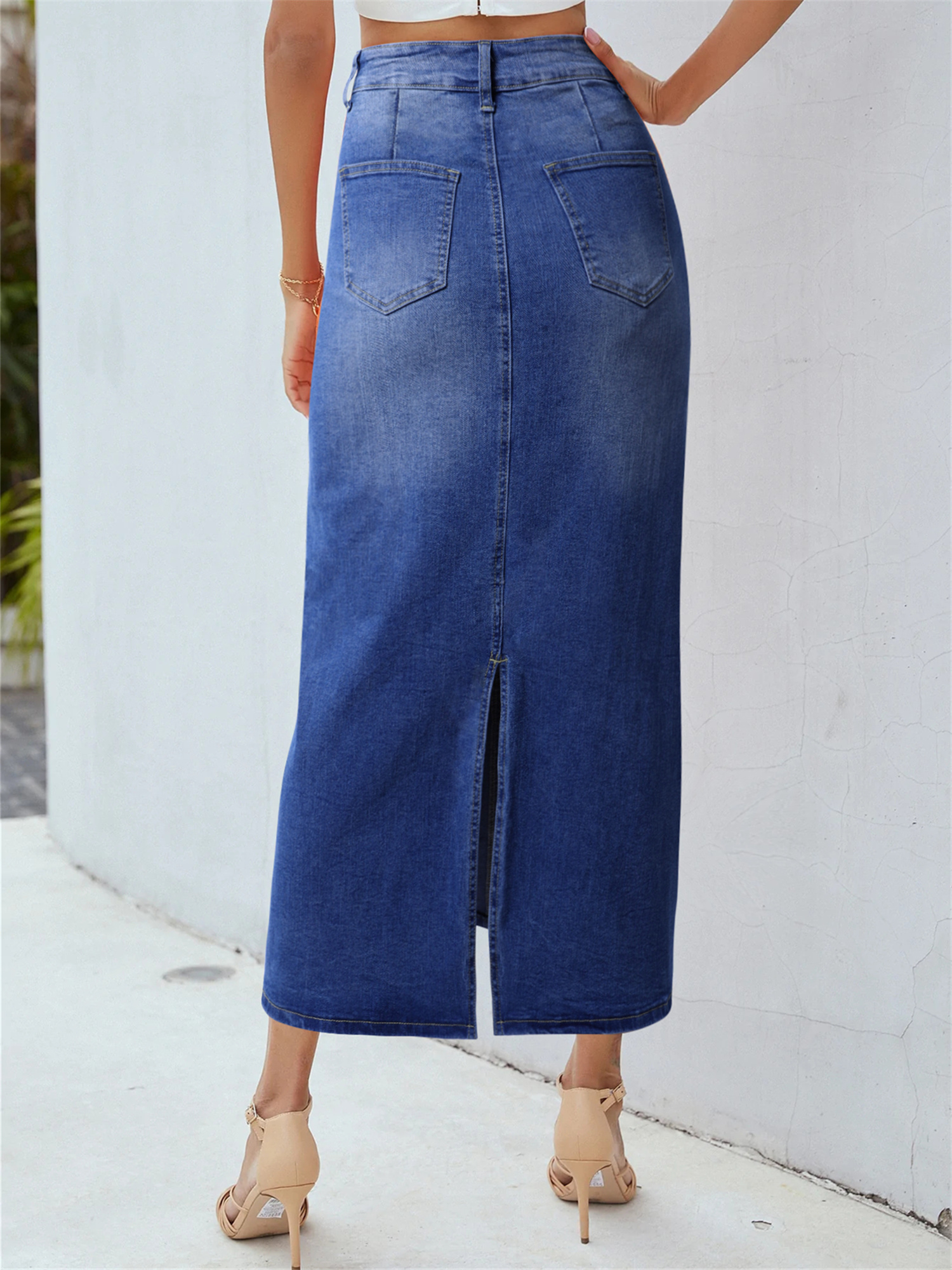 Plain Washed Blue Whiskering Casual Style High Rise Maxi Denim Skirt, Women's Denim Jeans & Clothing