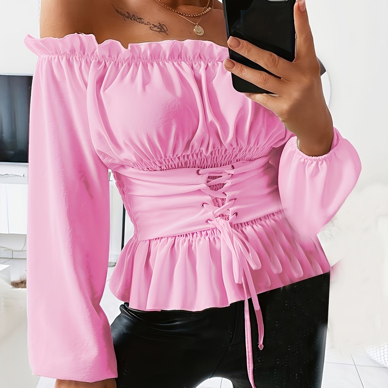 Chic Off Shoulder Ruffle Blouse with Tie Detail; Flattering Long Sleeve, Versatile & Machine Washable