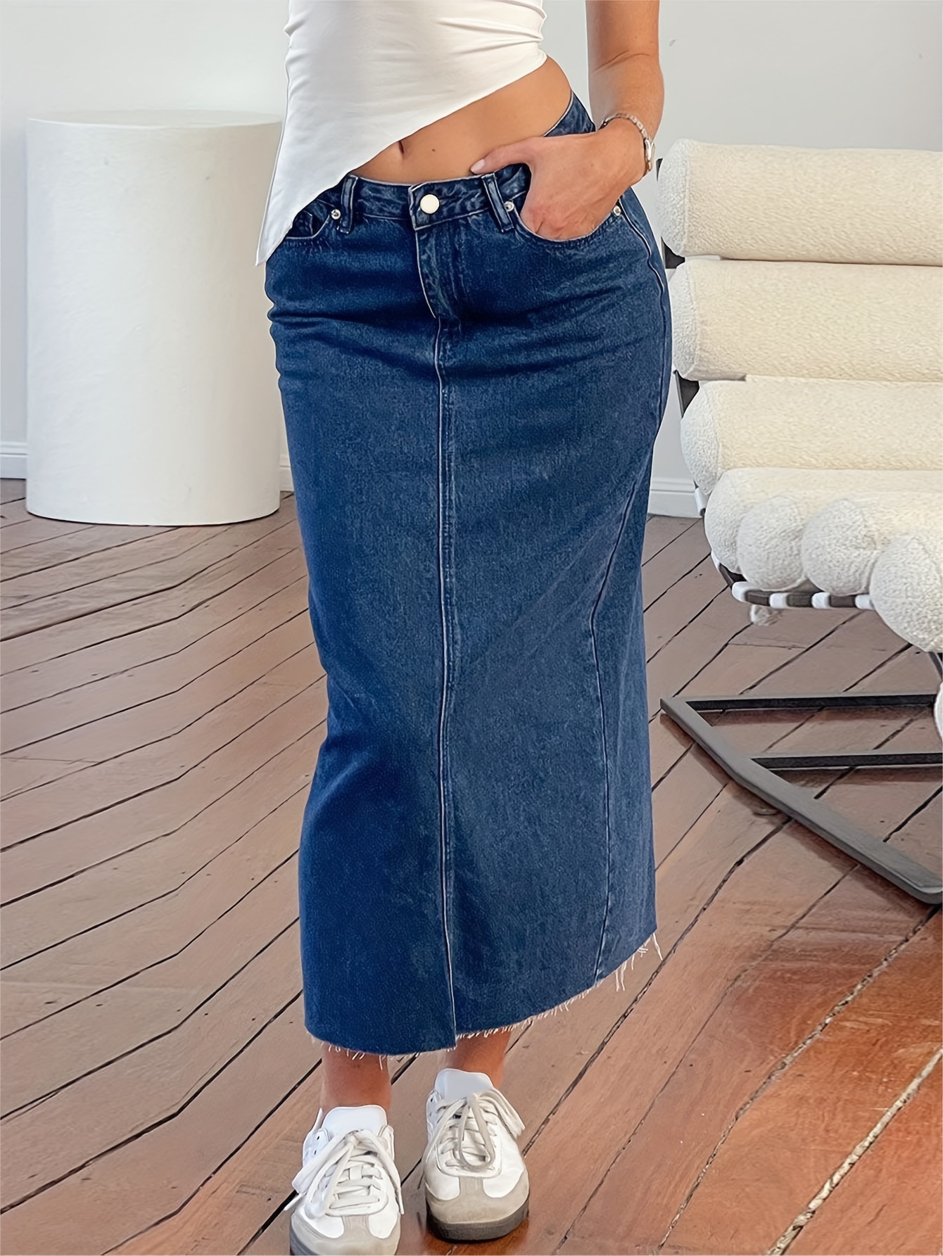 Raw Hem Plain Washed Blue Retro Style Midi Denim Skirt With Slant Pocket, Women's Denim Jeans & Clothing