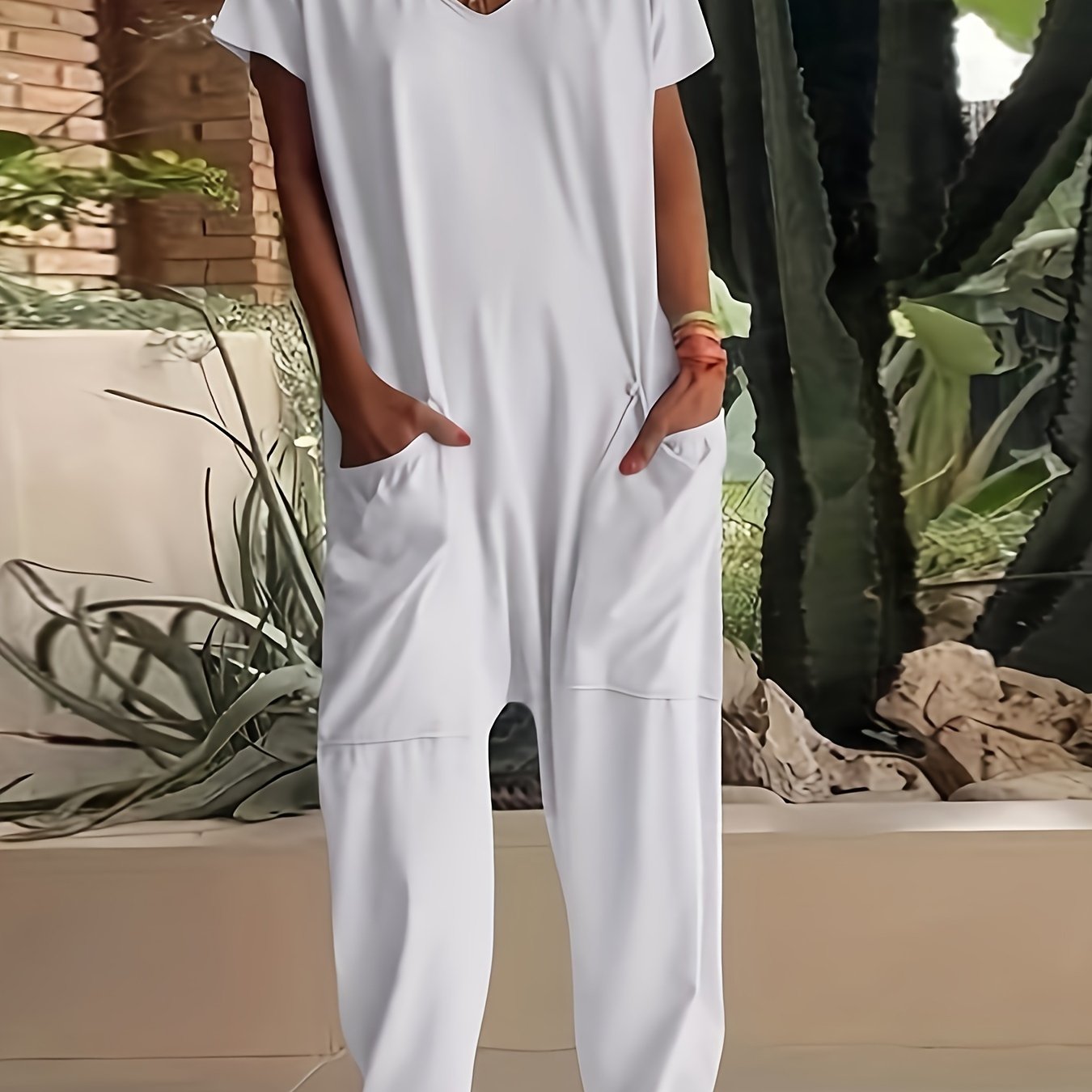 European And American Solid Color And V-neck Oversized Pocket Low-grade Jumpsuit