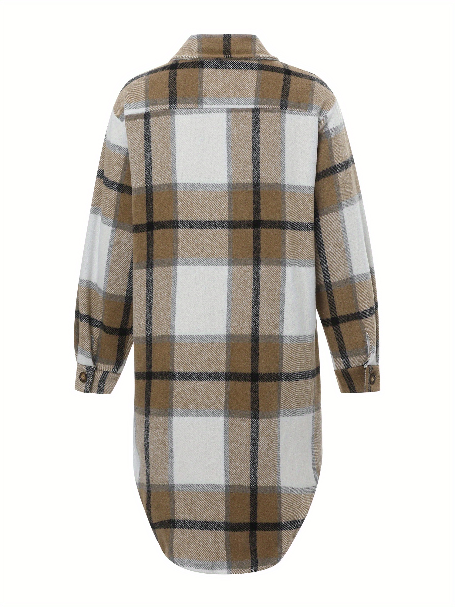 Plaid Pattern Button Up Blouse, Casual Lapel Collar Arc Hem Mid Length Blouse With Pocket, Women's Clothing