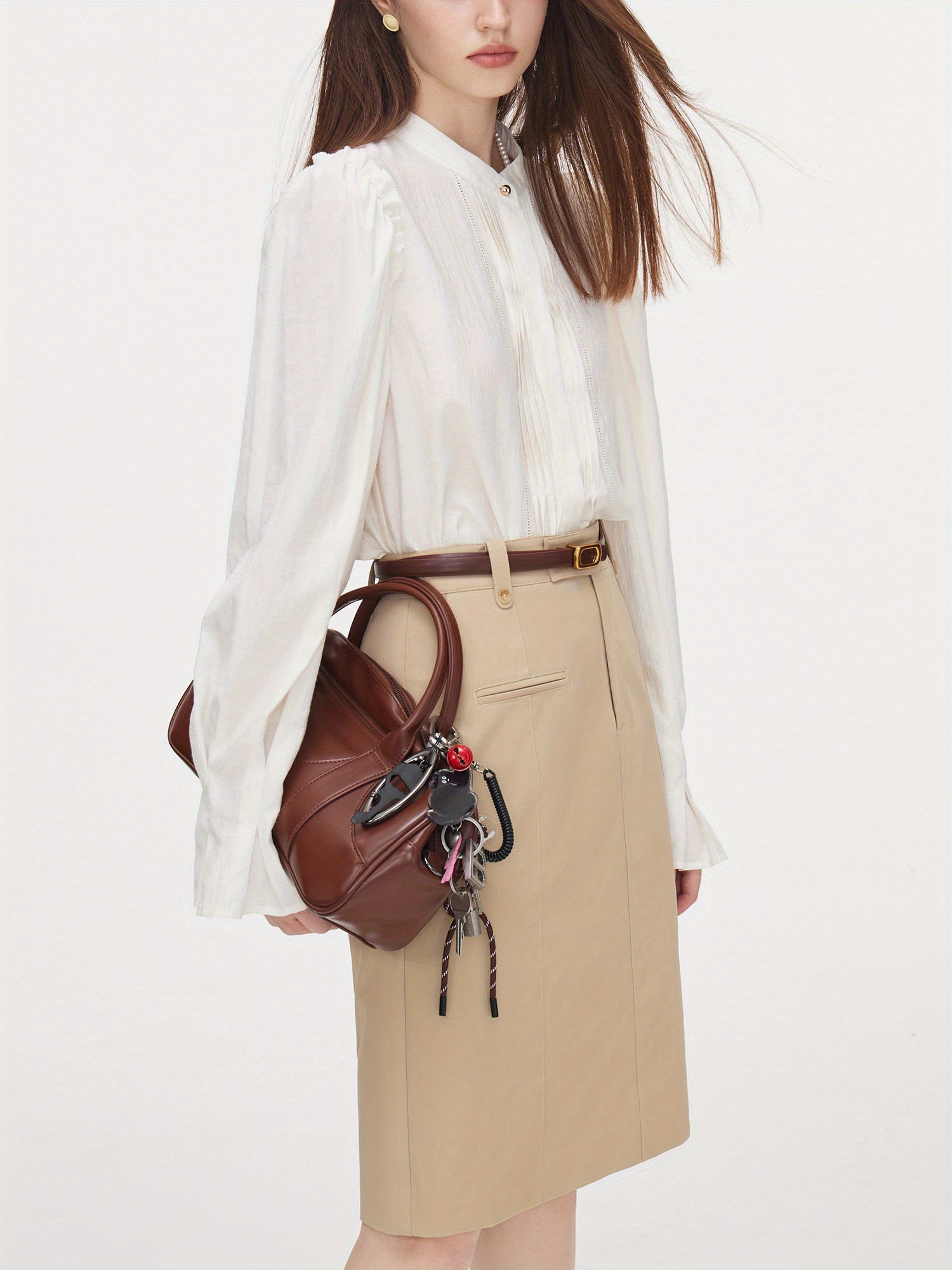 Elegant French-Inspired Women's Blouse - Long Sleeve With Stand Collar & Pleated Detail, Non-Stretch Viscose Blend, Perfect For Fall