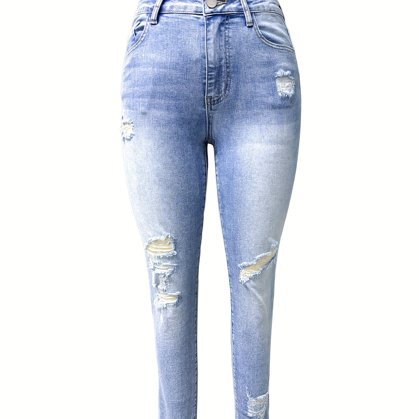 Skinny Fit Ripped Plain Washed Blue Versatile Jeans Denim Pants, Women's Denim Jeans & Clothing