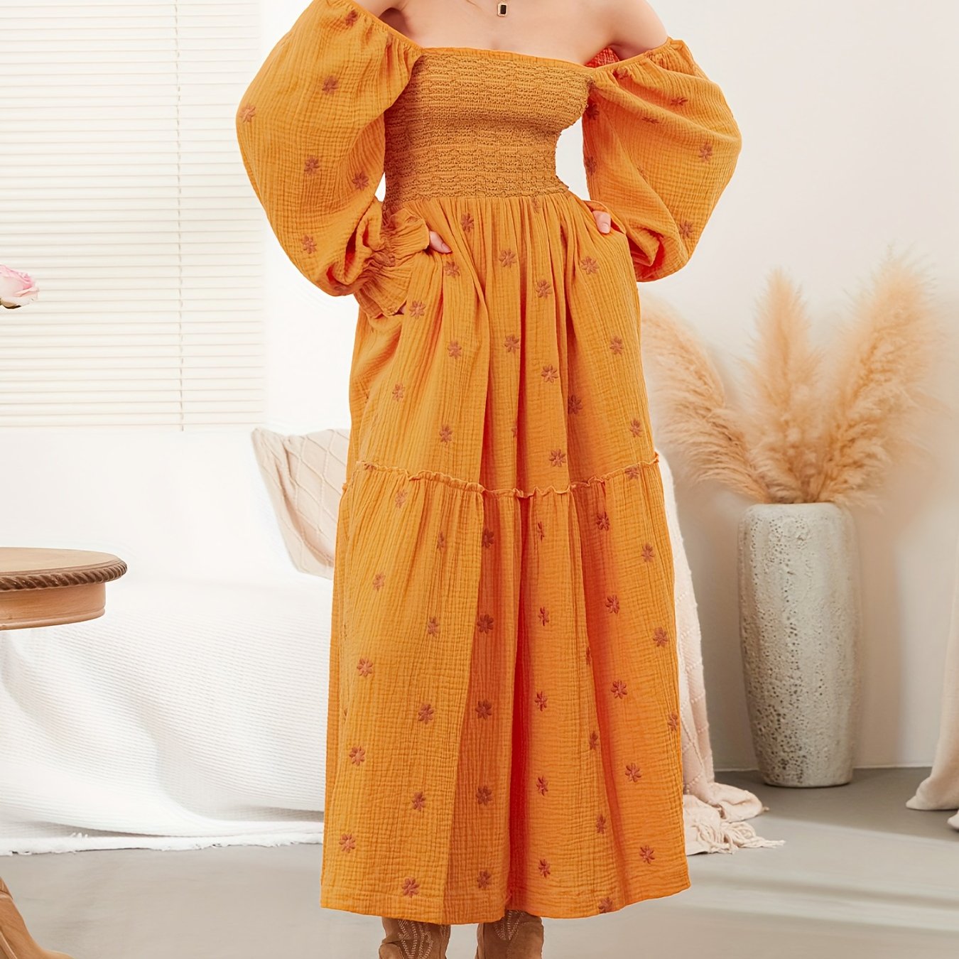 Women Summer Casual Long Dress 3D Embroidered Flowers Square Neck Puff Sleeve Dress Fashion Backless A-line Dress