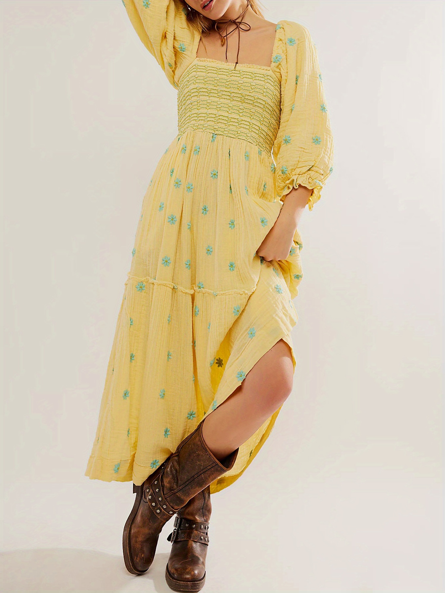 Women Summer Casual Long Dress 3D Embroidered Flowers Square Neck Puff Sleeve Dress Fashion Backless A-line Dress