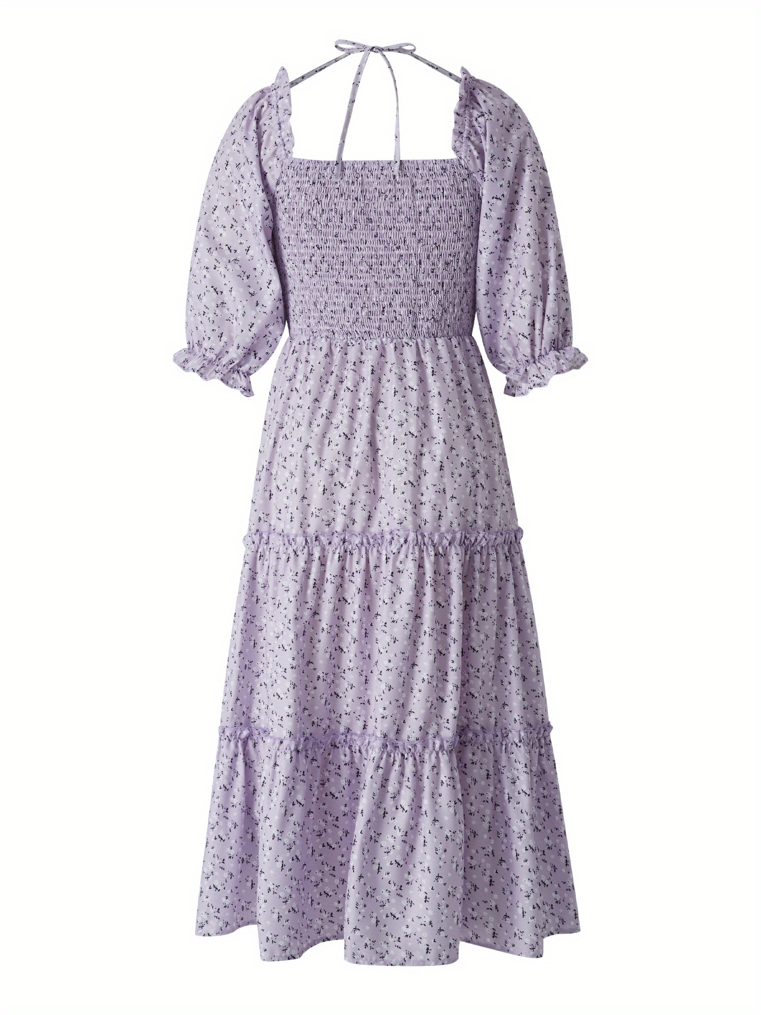 Floral Print Square Neck Shirred Dress, Elegant Puff Sleeve Ruffle Hem Dress Midi Dress For Spring & Summer, Women's Clothing