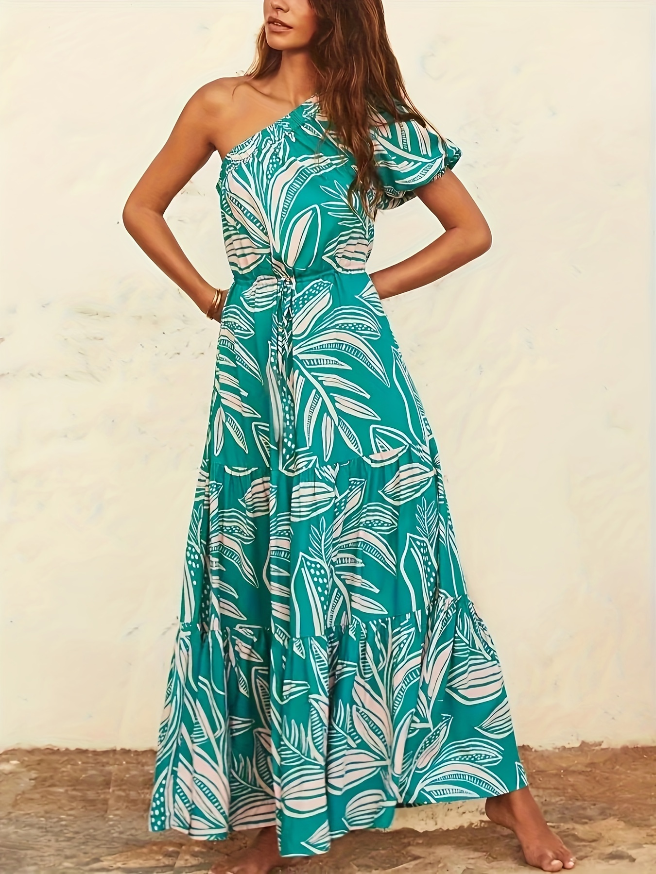 Women's One Shoulder Floral Long Dress, Print Puff Sleeve Asymmetrical Neck Ruffle Maxi Dress, A-Line Summer Vacation High Waist Beach Dress
