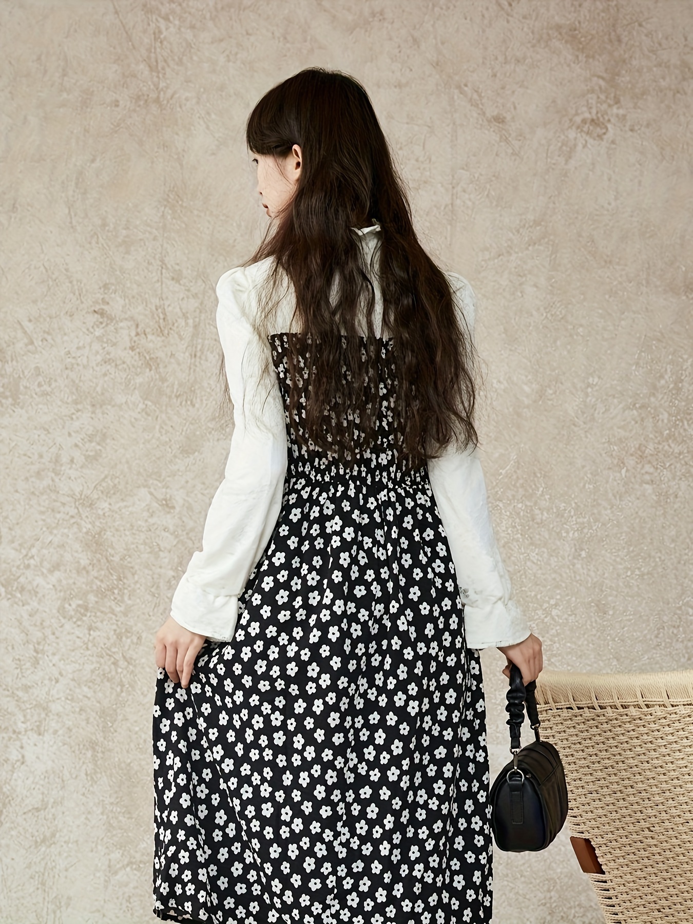 Floral Print 2 In 1 Dress, Elegant Ruffle Trim Long Sleeve Button Front Smock Mixed Media Dress For Spring & Fall, Women's Clothing