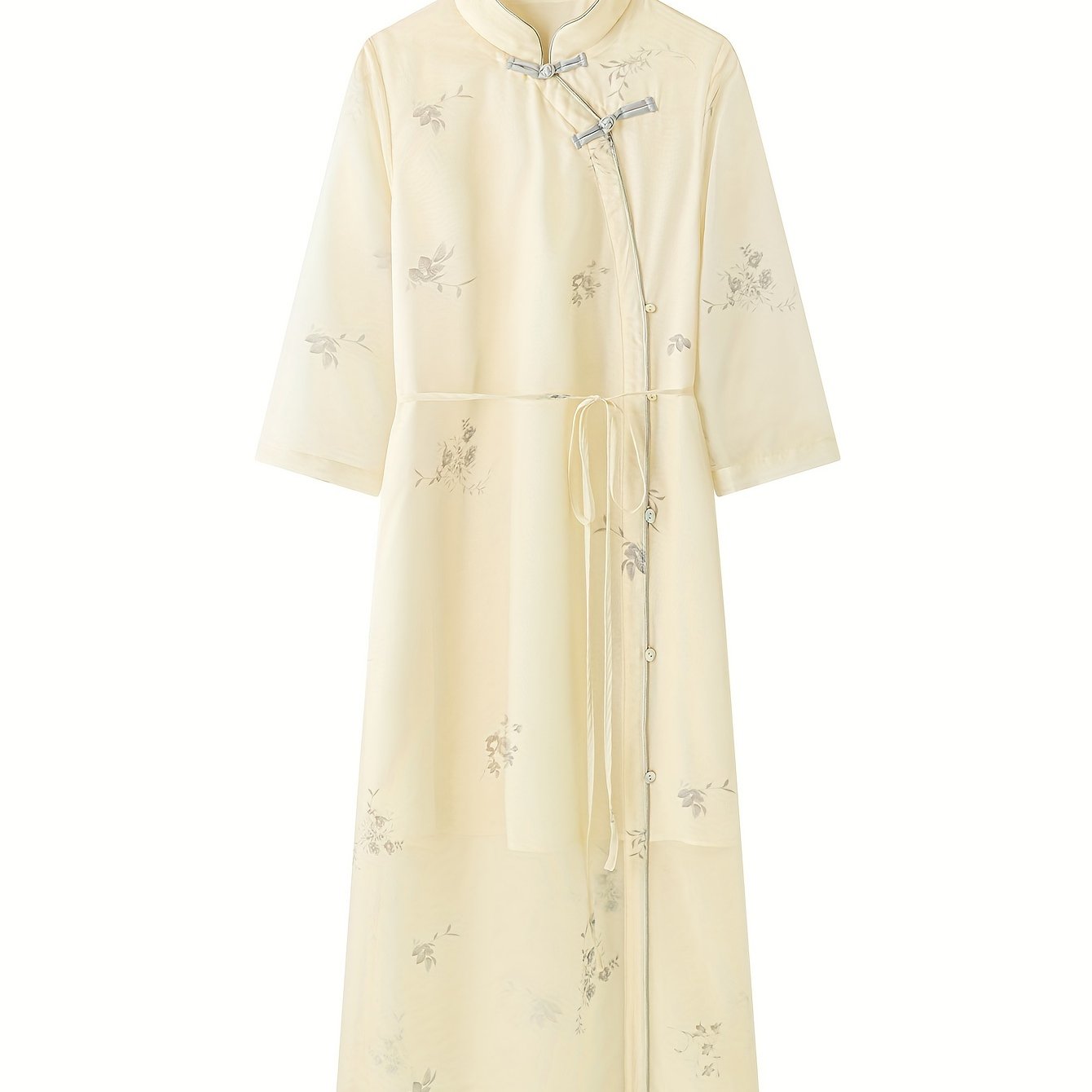 Chinese Vintage Cheongsam, Elegant Floral Print Long Sleeve Frog Button Mandarin Collar Dress, Women's Clothing