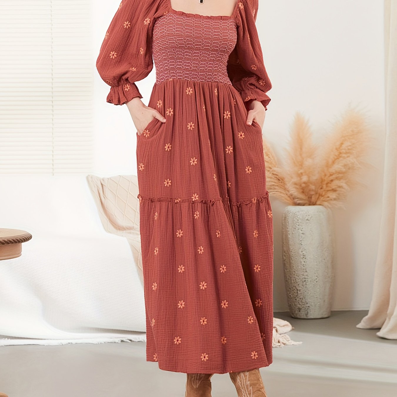 Women Summer Casual Long Dress 3D Embroidered Flowers Square Neck Puff Sleeve Dress Fashion Backless A-line Dress