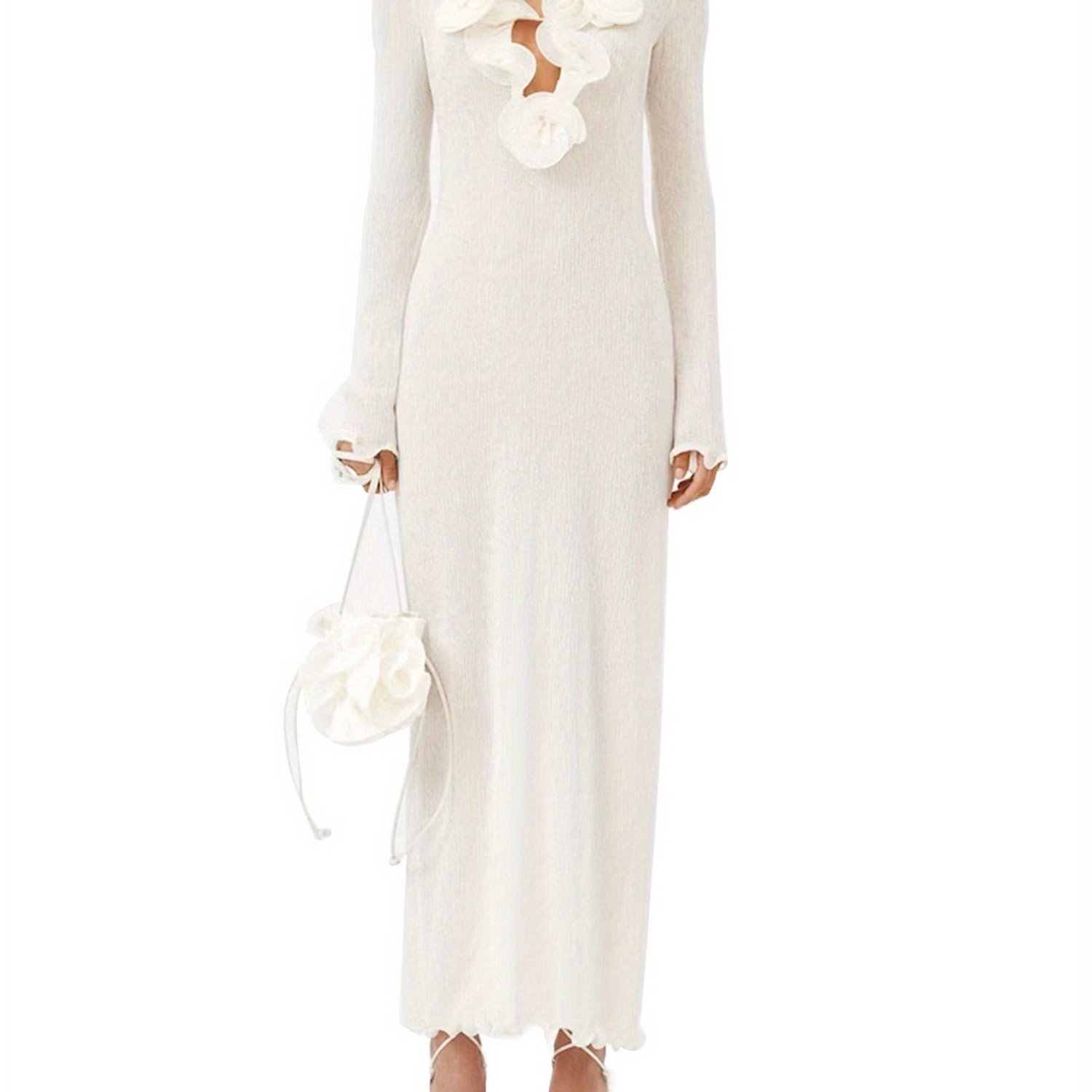 Women Long Dress, Long Sleeve Slit Dress Flower Slim Fit Cocktail Dress for Party Evening